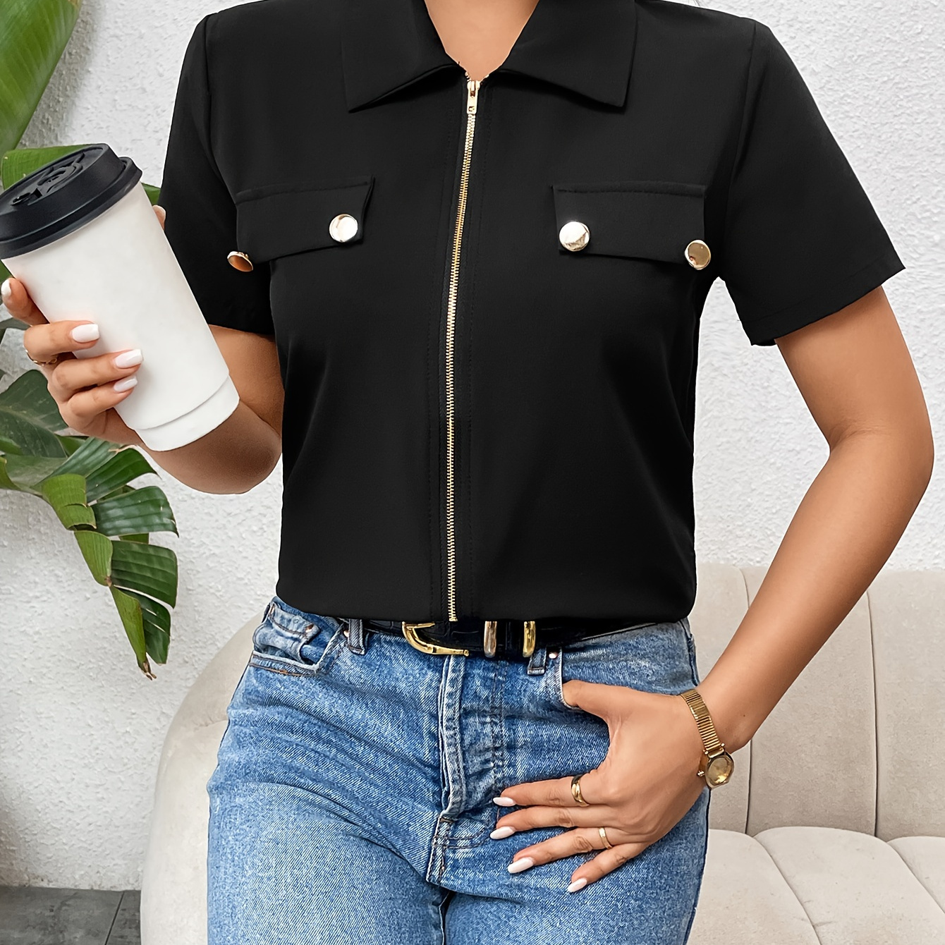 

Zipper Front Button Blouse, Casual Collared Short Sleeve Blouse For Spring & Summer, Women's Clothing