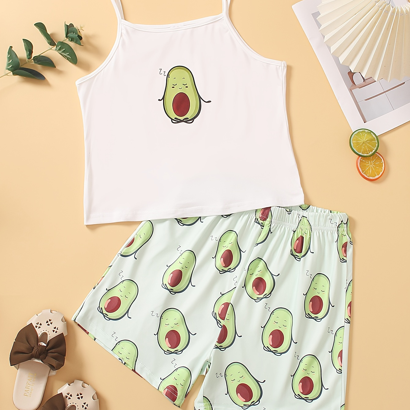 

2 Pcs Adorable Fruits Print Sets For Girls - Soft, Breathable, Comfortable Camisole Tops & Shorts With Cute Princess Style