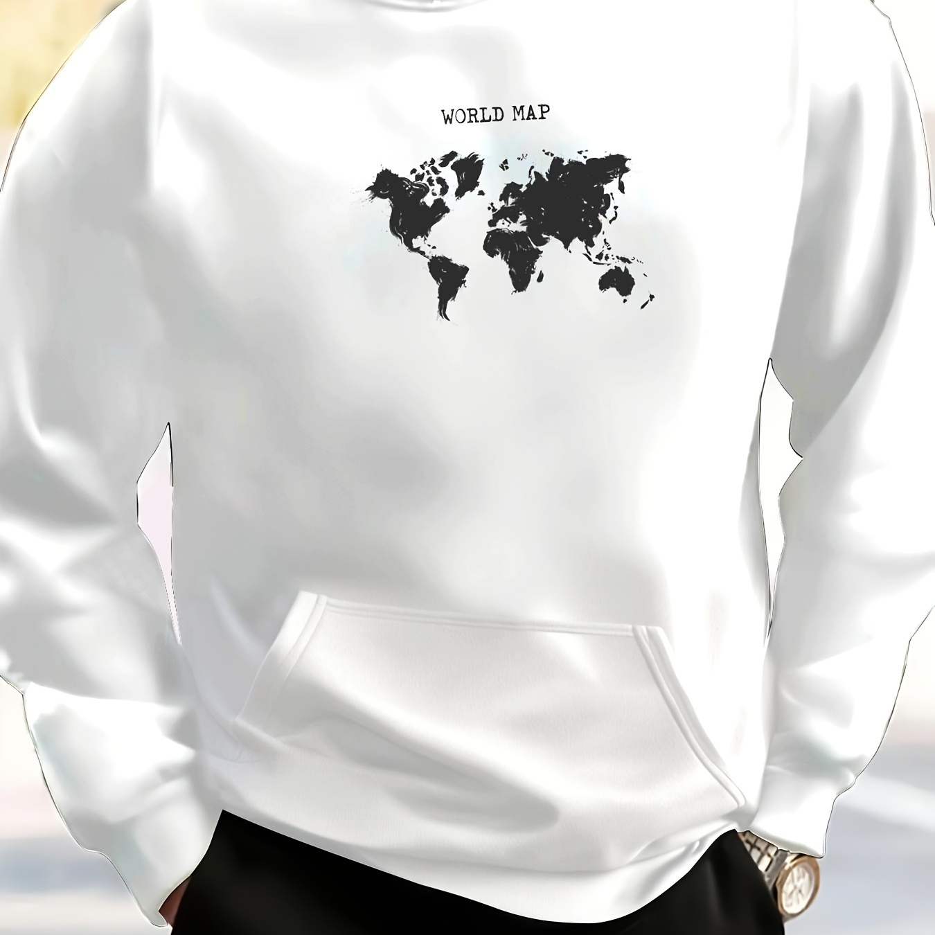 

Men's Casual Long Sleeve Hoodie With World Map Graphic - Cozy Polyester, Machine Washable, Round Neck Pullover With Pockets