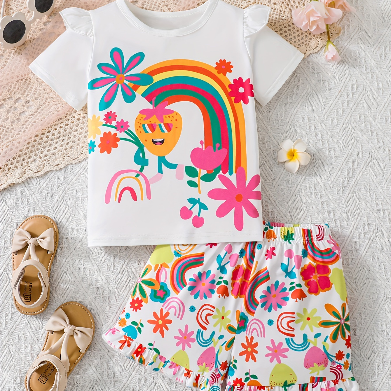 TEMU 2-piece Girl's Sunny Rainbow Graphic Tee + Floral Shorts Set Casual Going Out Girls Summer Clothes