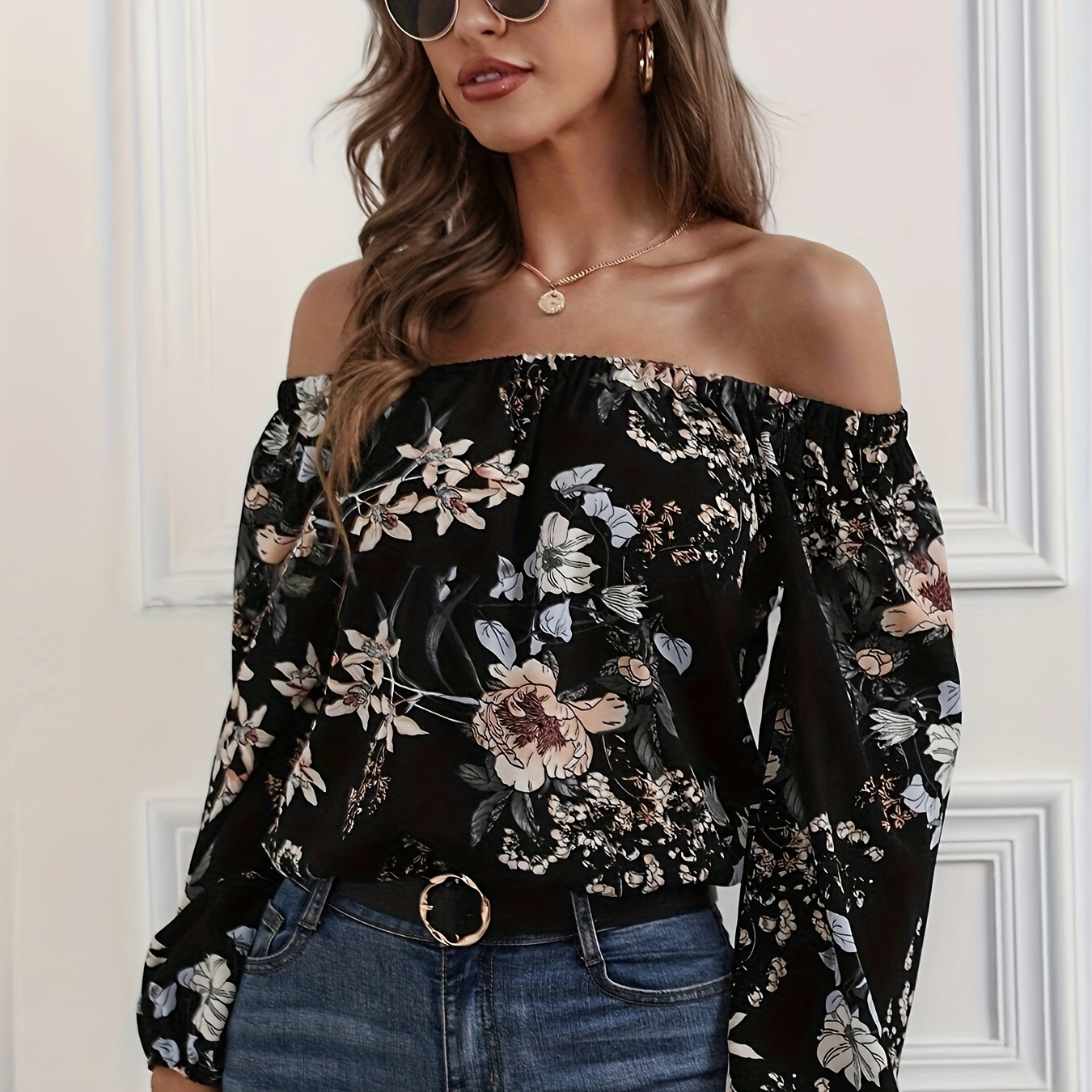

Floral Print Off Shoulder Blouse, Casual Long Sleeve Ruffle Trim Blouse, Women's Clothing