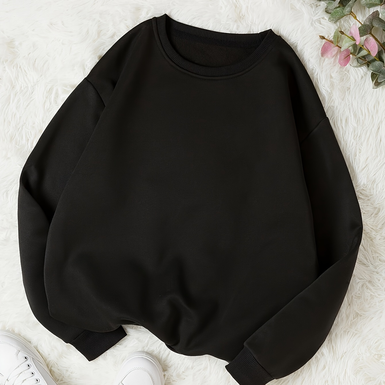 

Sweatshirt Décontracté pour Femme - Noir Uni, Manches Longues, Col Rond - Polyester, Lavable en Machine, Tissu Tricoté Lisse, Confort Toutes , Tenue Décontractée|Pull Simple|Sweatshirt en Polyester