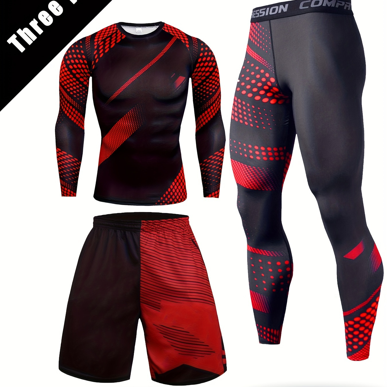 

3-piece Men's Color Block Pattern Quick Dry Sports Suits, Long Sleeve Compression T-shirts + Breathable Shorts + High Stretch Leggings