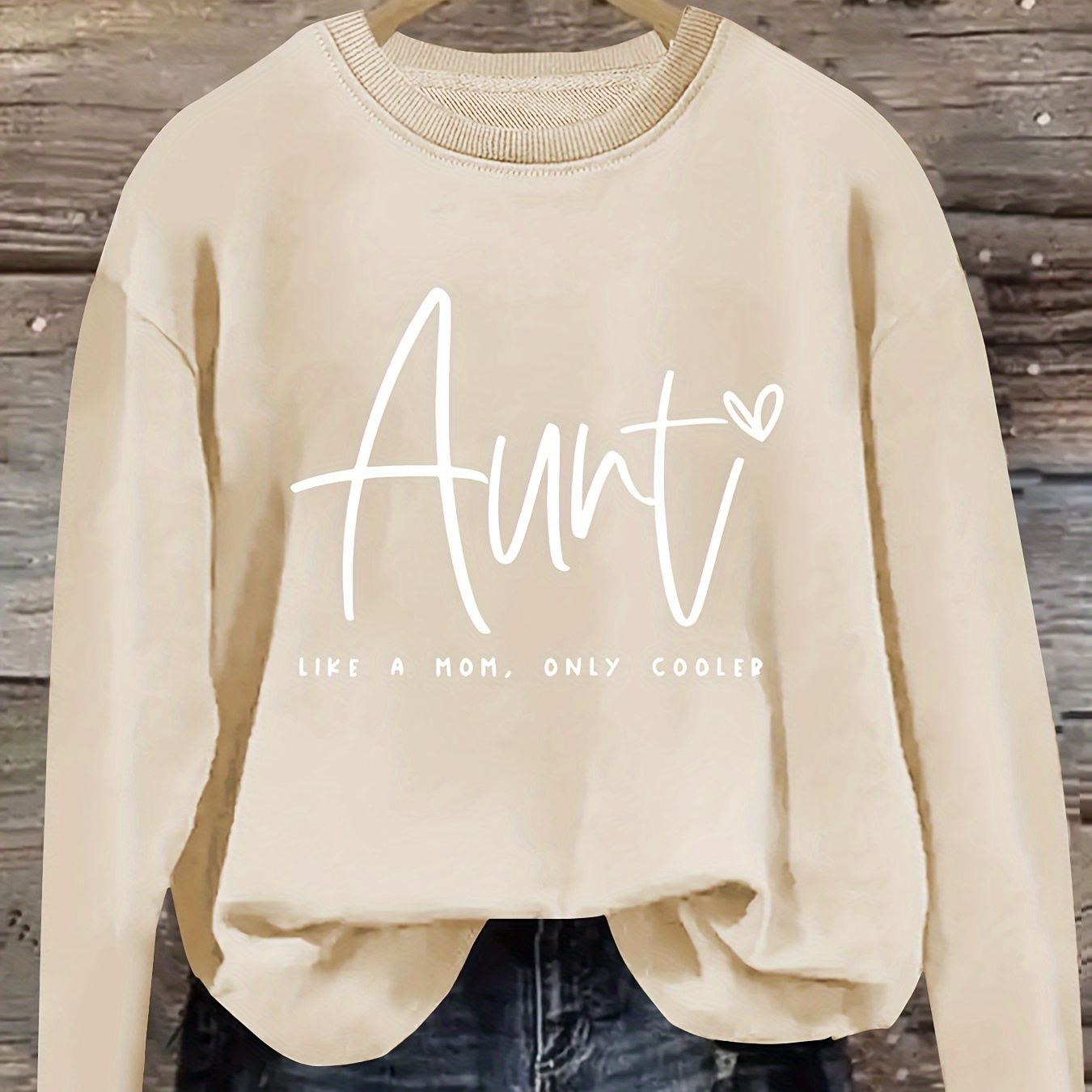 

Aunt Print Pullover Sweatshirt, Casual Long Sleeve Crew Neck Sweatshirt For Fall & Winter, Women's Clothing