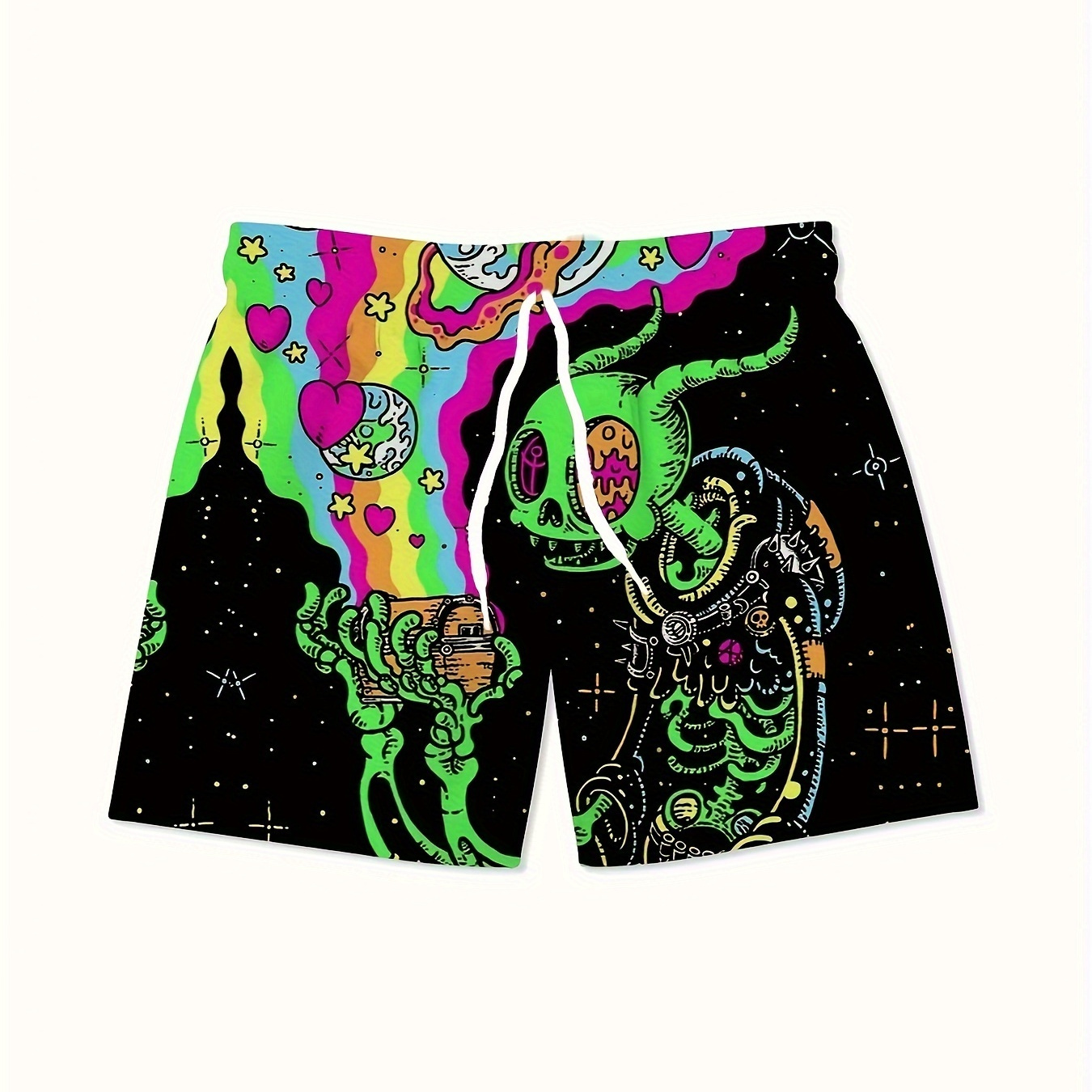 

Men's Cartoon Style Skeleton Alien Pattern Casual Shorts With Drawstring And Pockets, Novel And Stylish Shorts Suitable For Summer Street, Beach And Sports Wear