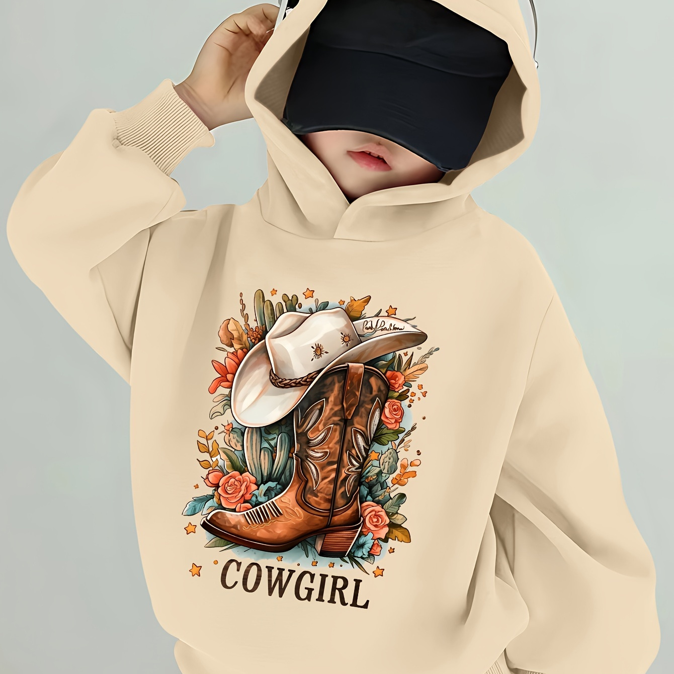 

Cowgirl Print Girl's Stylish And Cozy Hooded Sweatshirt, Casual Long Sleeve Pullover Sweatshirt Tops