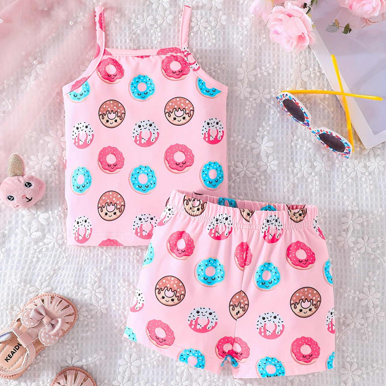 

2pcs Infant & Toddler's Cartoon Donut Allover Print Casual Set, Cami Top & Shorts, Baby Girl's Clothes