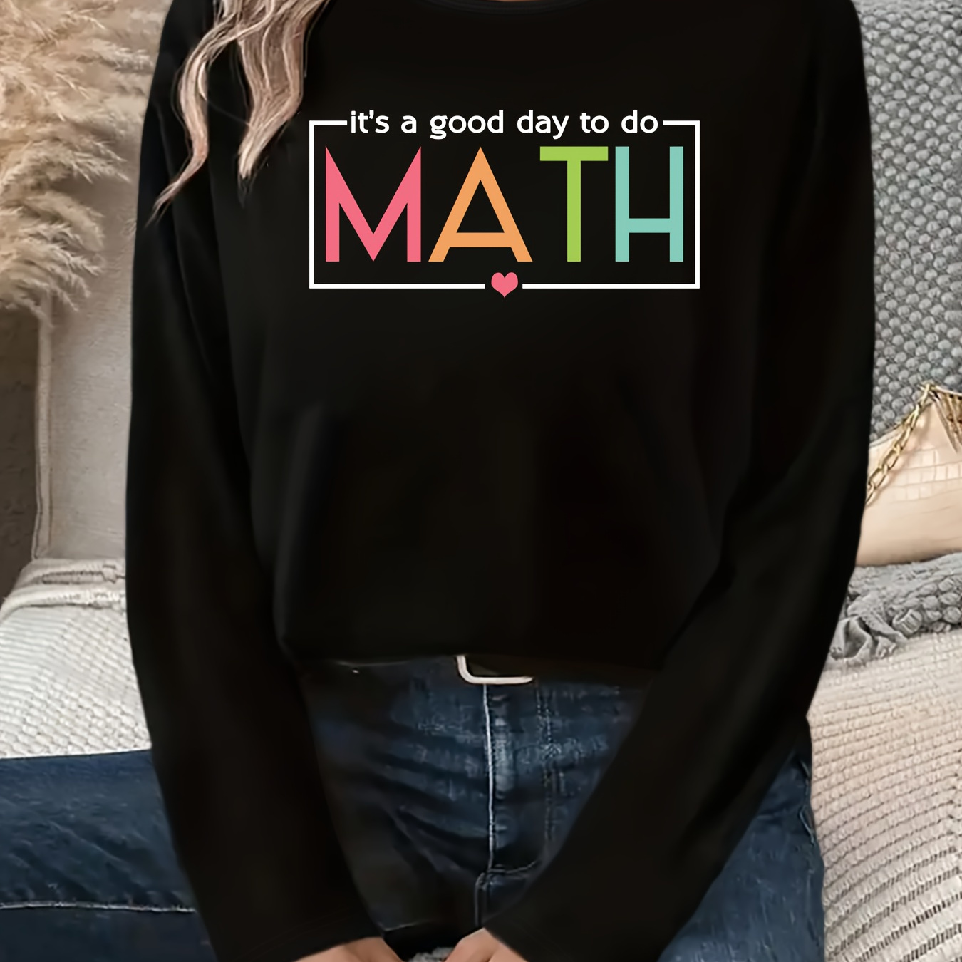 

Women's Long Sleeve T-shirt, Polyester, Casual Round Neck, Cartoon Math Design, Comfortable Stretch Fabric, Knit Top For Teachers Day, Sportswear, Outdoor Apparel