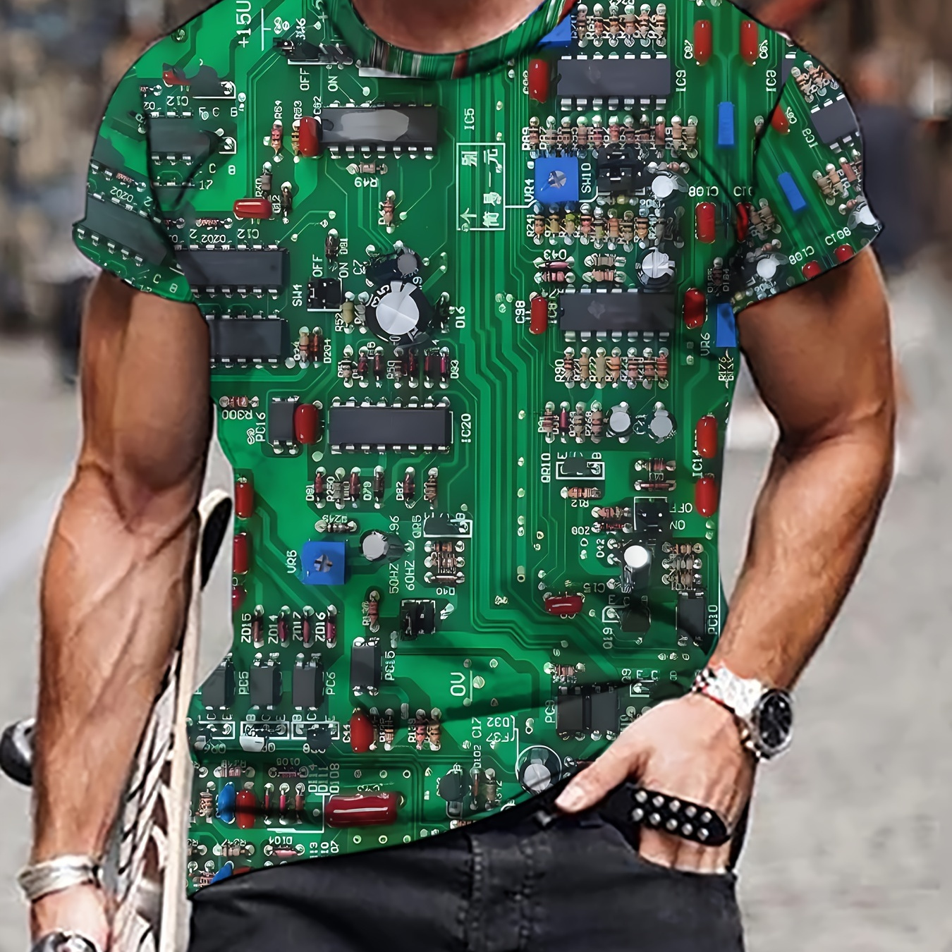 

Men's Circuit Board Print T-shirt, Casual Short Sleeve Crew Neck Tee, Men's Clothing For Outdoor