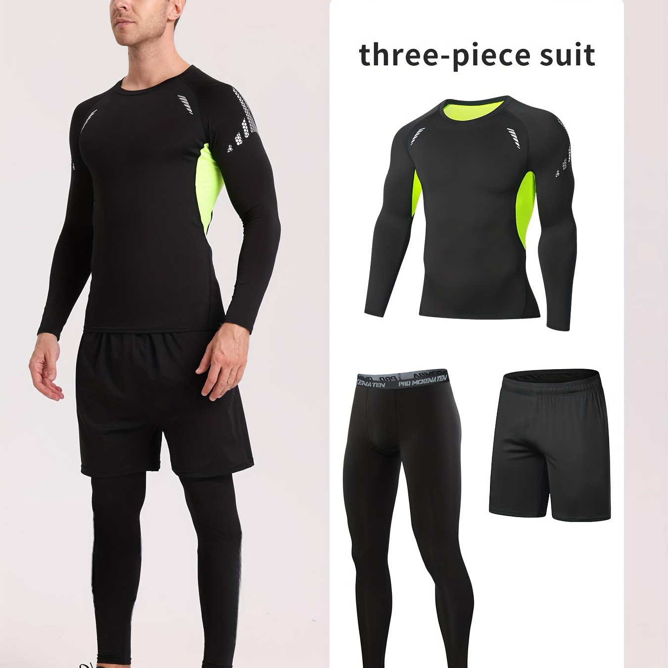 

Men's Color Matching Skinny High Stretch Crew Neck Long Sleeve Shirt & Leggings & Solid Shorts 3-piece Set For Hiking Jogging Cycling Outdoor Fitness Workout