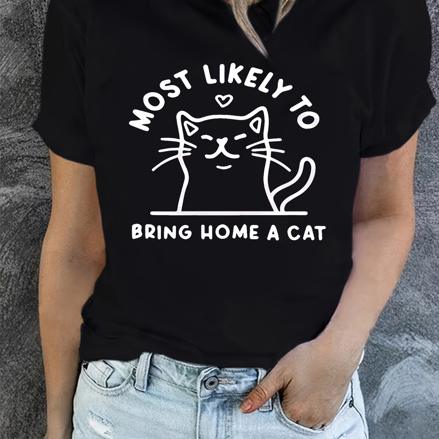 

Cute Cat & Letter Print T-shirt, Casual Crew Neck Short Sleeve Top For Spring & Summer, Women's Clothing