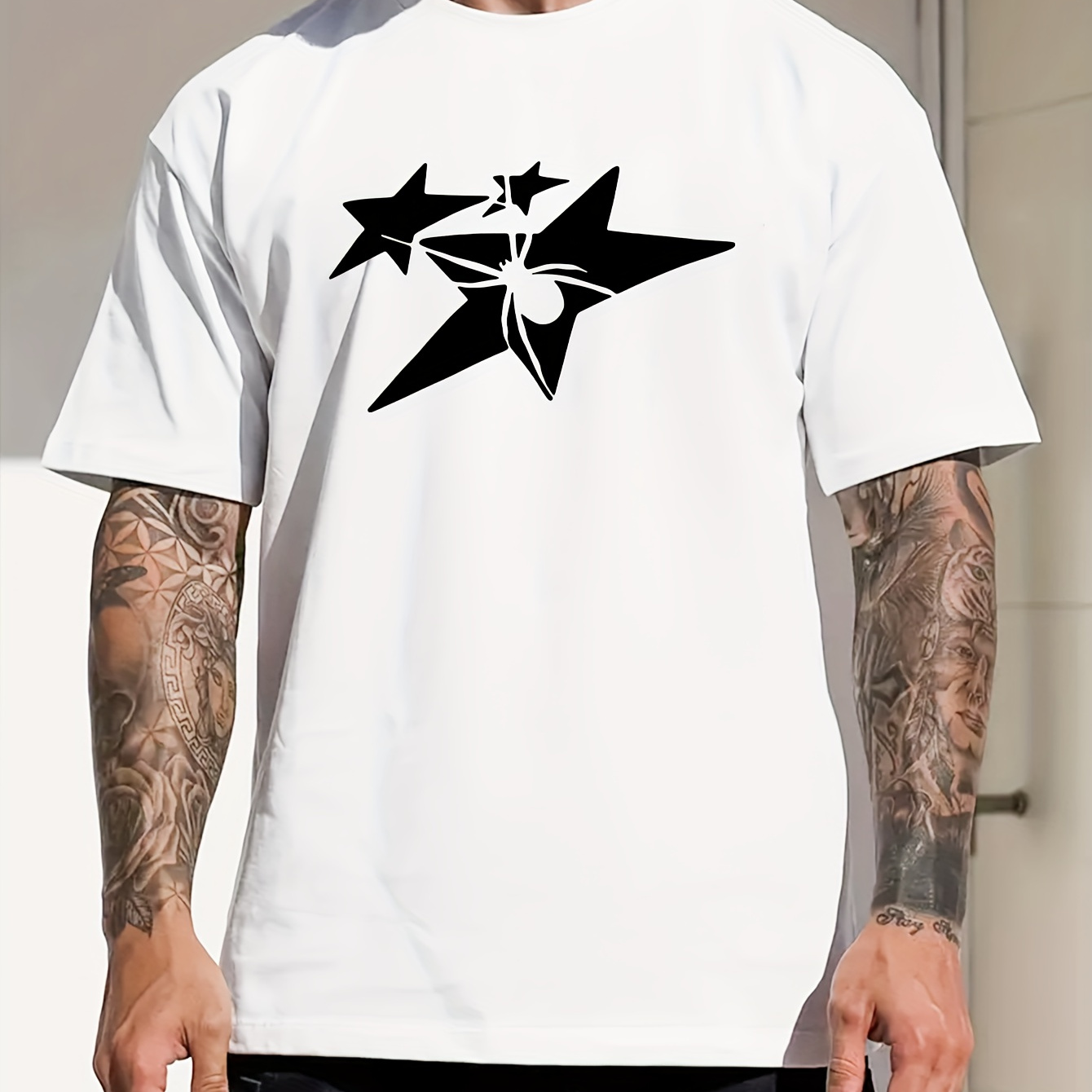 

Stars Creative Print Men's Casual Cotton T-shirt, Summer Fashion Crew Neck Short Sleeve Top, Modern Streetwear Style For Men