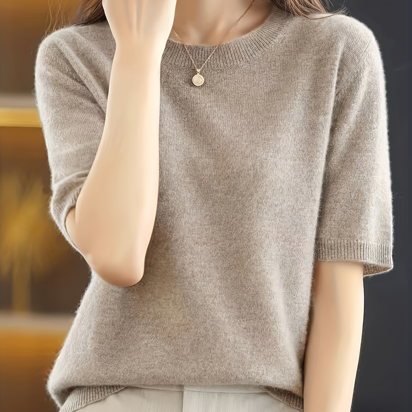 

Solid Color Crew Neck Sweater, Casual Short Sleeve Sweater For Spring ＆ Fall, Women's Clothing