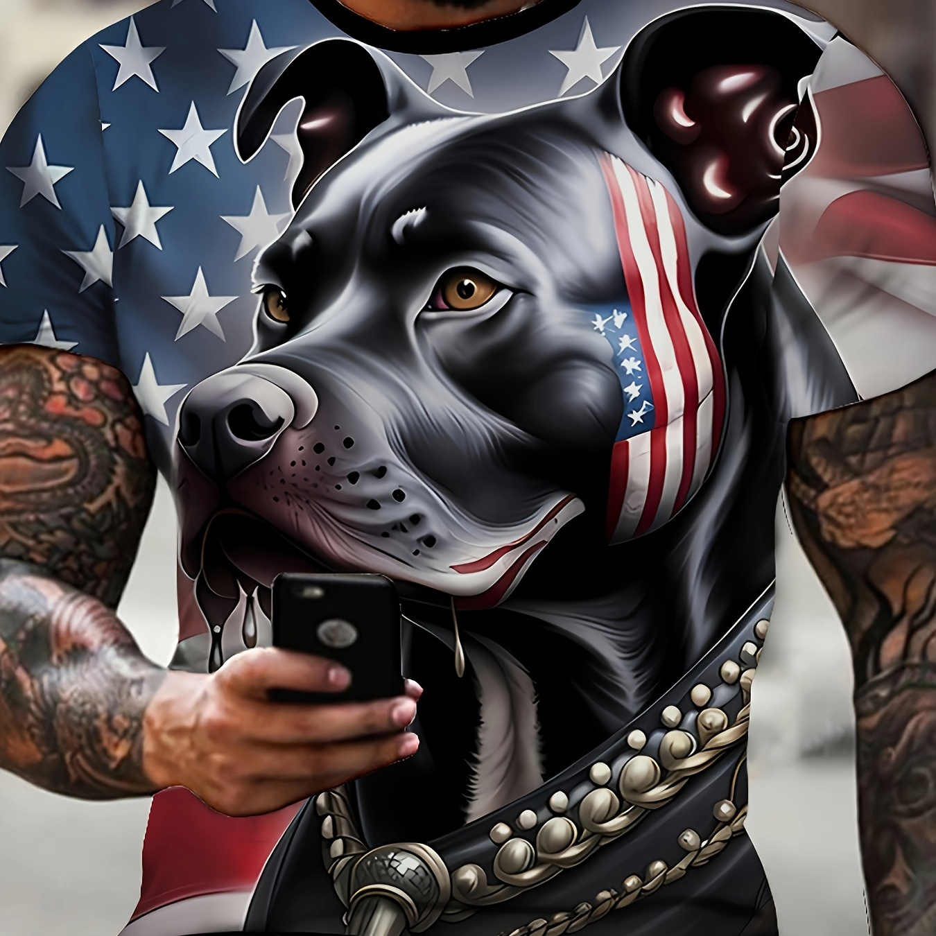 

3d Pattern Dog & Flag Print Plus Size Men's Short Sleeve T-shirt, Casual Fashion Crew Neck Tee, All Over Graphic Top For Outdoor Sport And Leisure, Big & Tall Guys