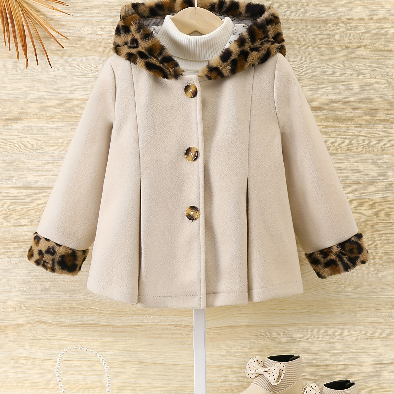 Toddler Girls Elegant Leopard Hooded Winter Coat Button Up Long Sleeve Outerwear For Autumn And Winter, Party