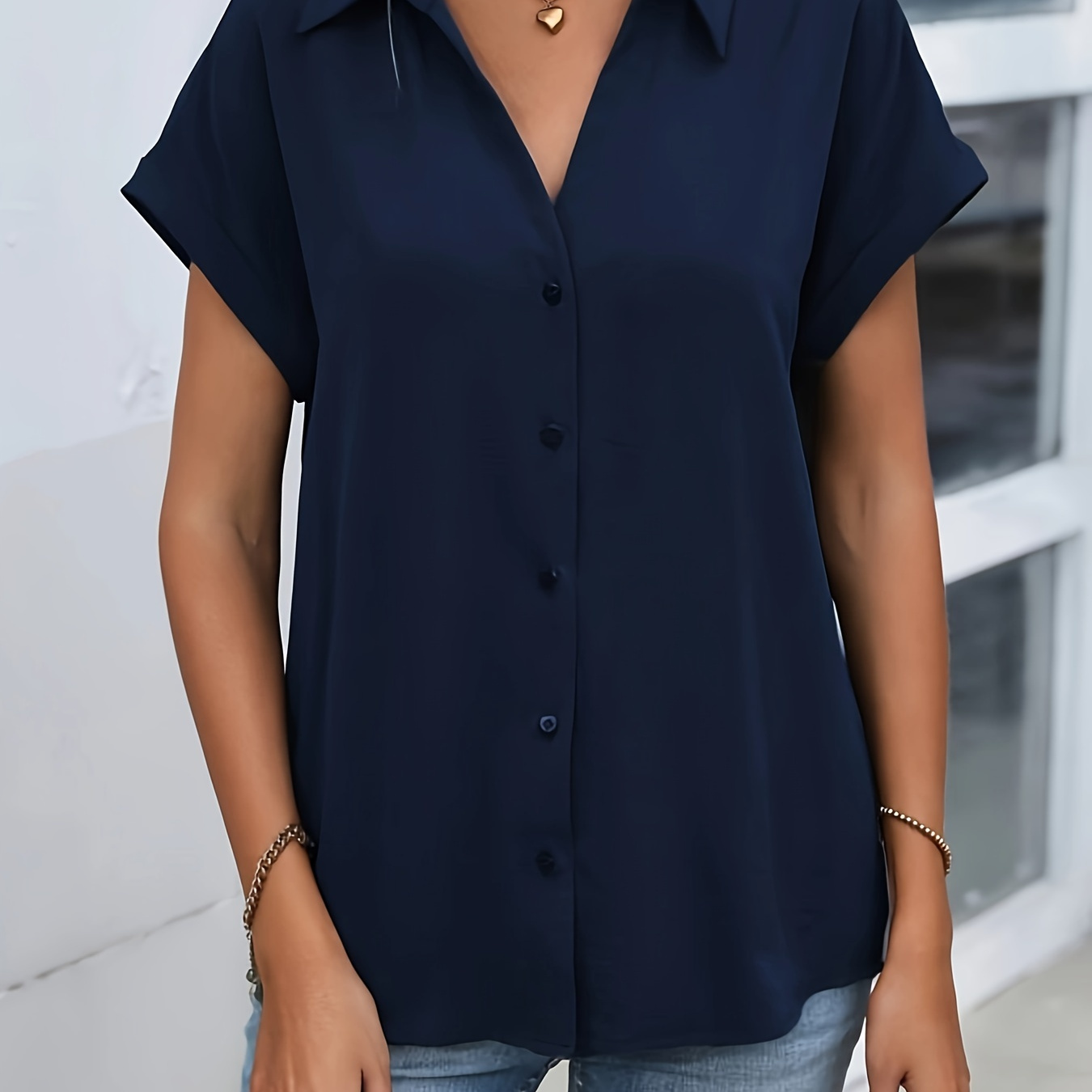 

Solid Button Front Simple Blouse, Casual Batwing Sleeve Blouse For Spring & Summer, Women's Clothing