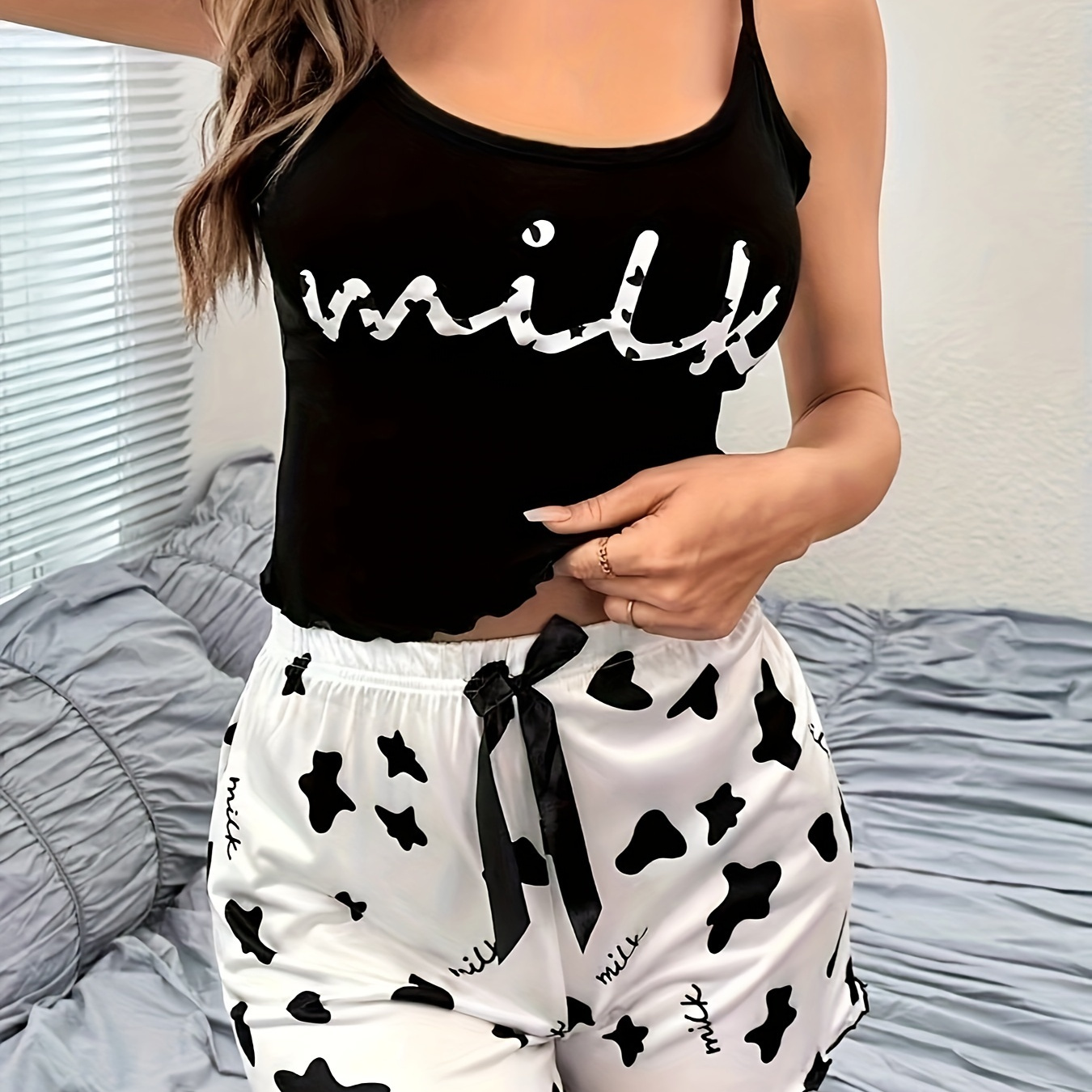 

Cow Letter Print Pajama Set, Cute Frill Trim Round Neck Backless Crop Cami Top & Shorts, Women's Sleepwear