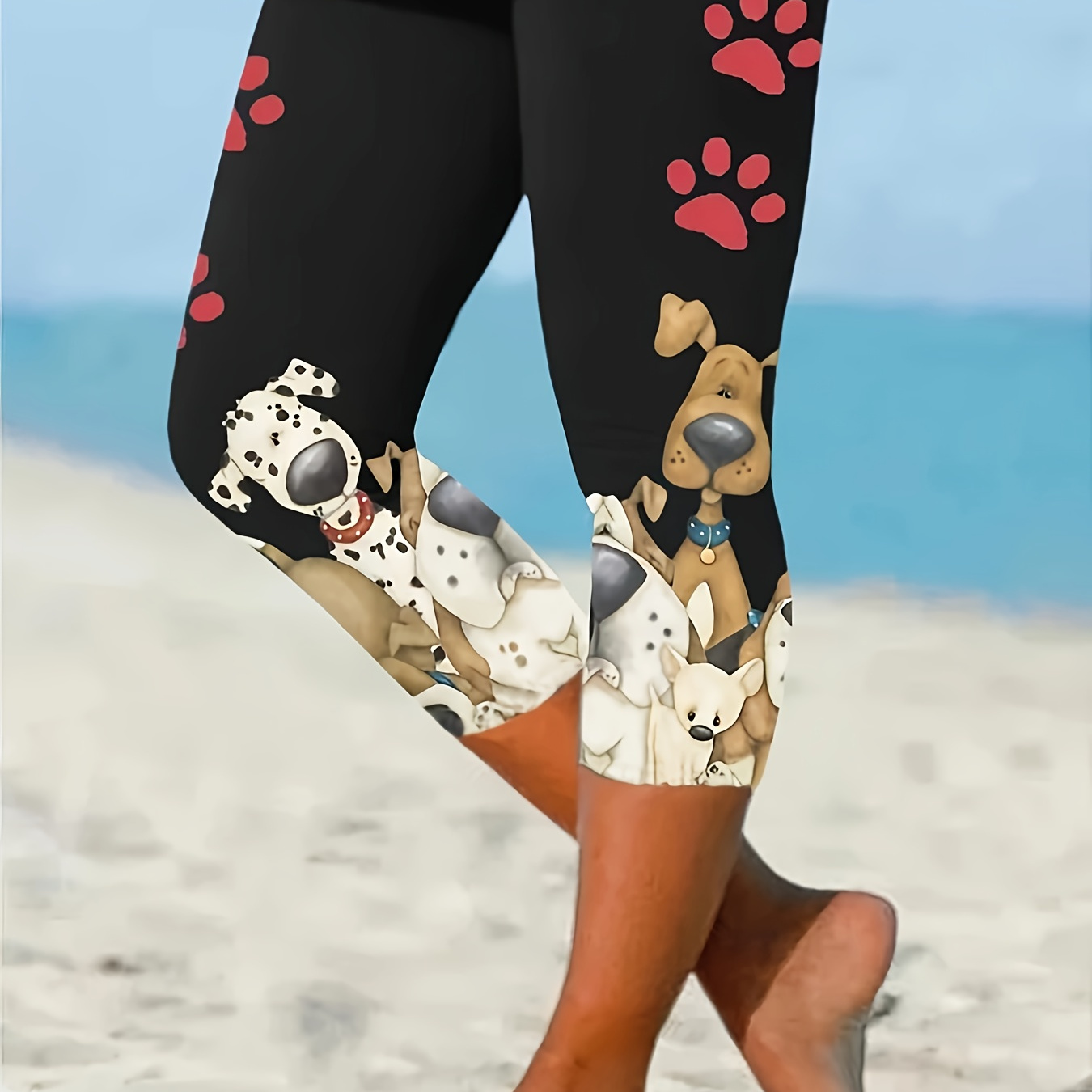 

Dogs Print High Waist Leggings, Casual Skinny Stretchy Capri Leggings, Women's Clothing