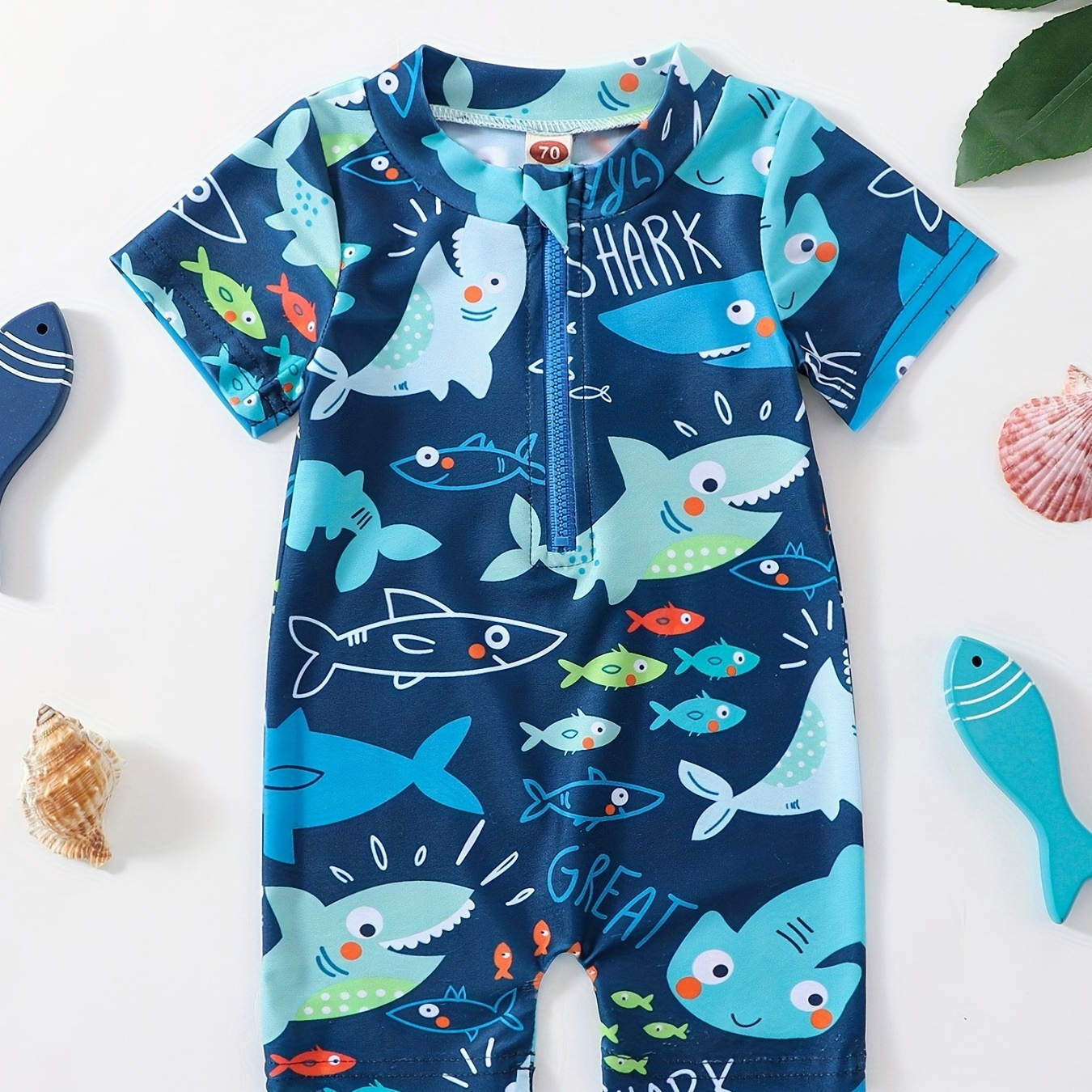 

Toddler's "great Shark" Pattern Swimsuit, Stretchy Short Sleeve Bathing Suit, Baby Boy's Swimwear For Beach Vacation