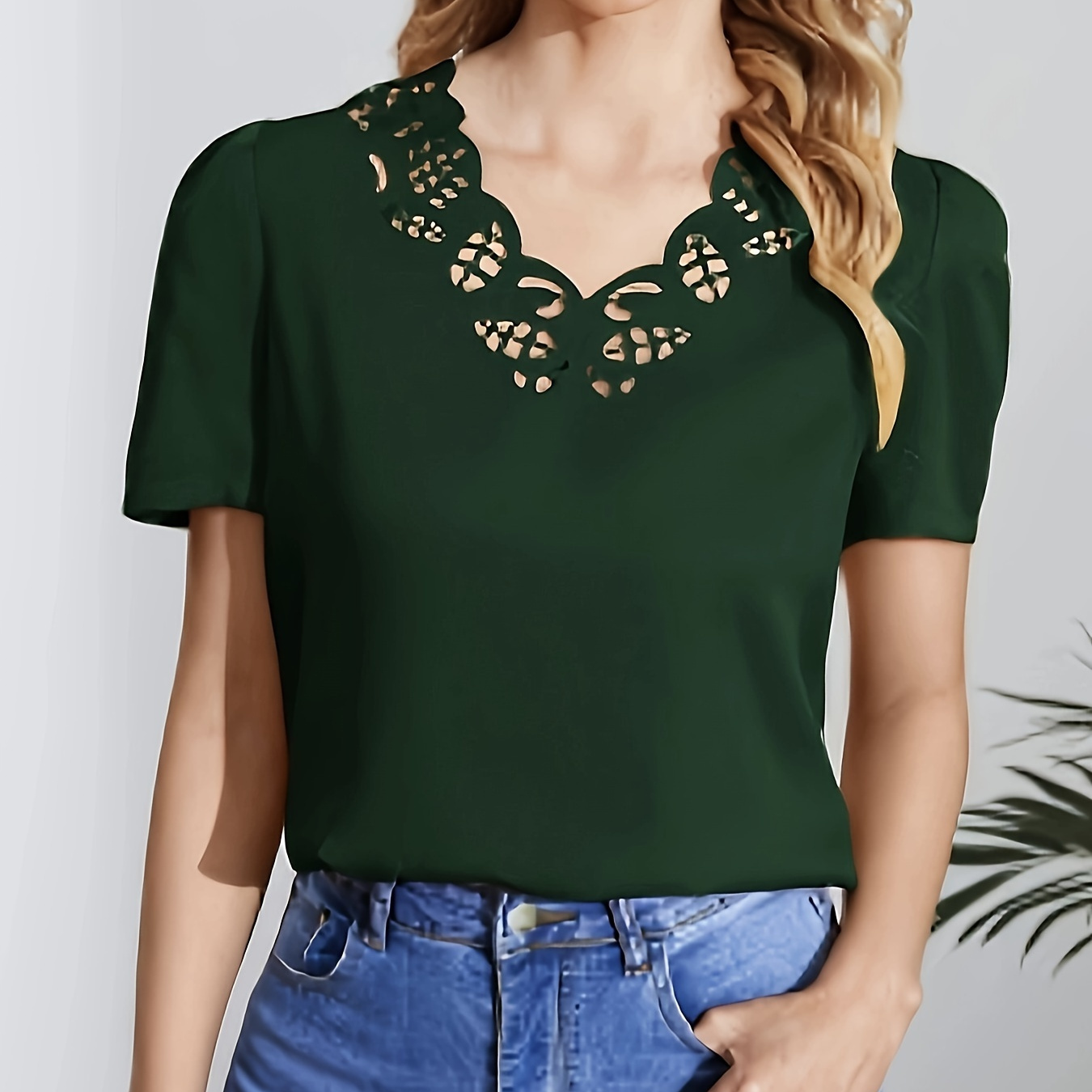 

Cutout Scallop Trim V Neck Blouse, Elegant Short Sleeve Top For Spring & Summer, Women's Clothing