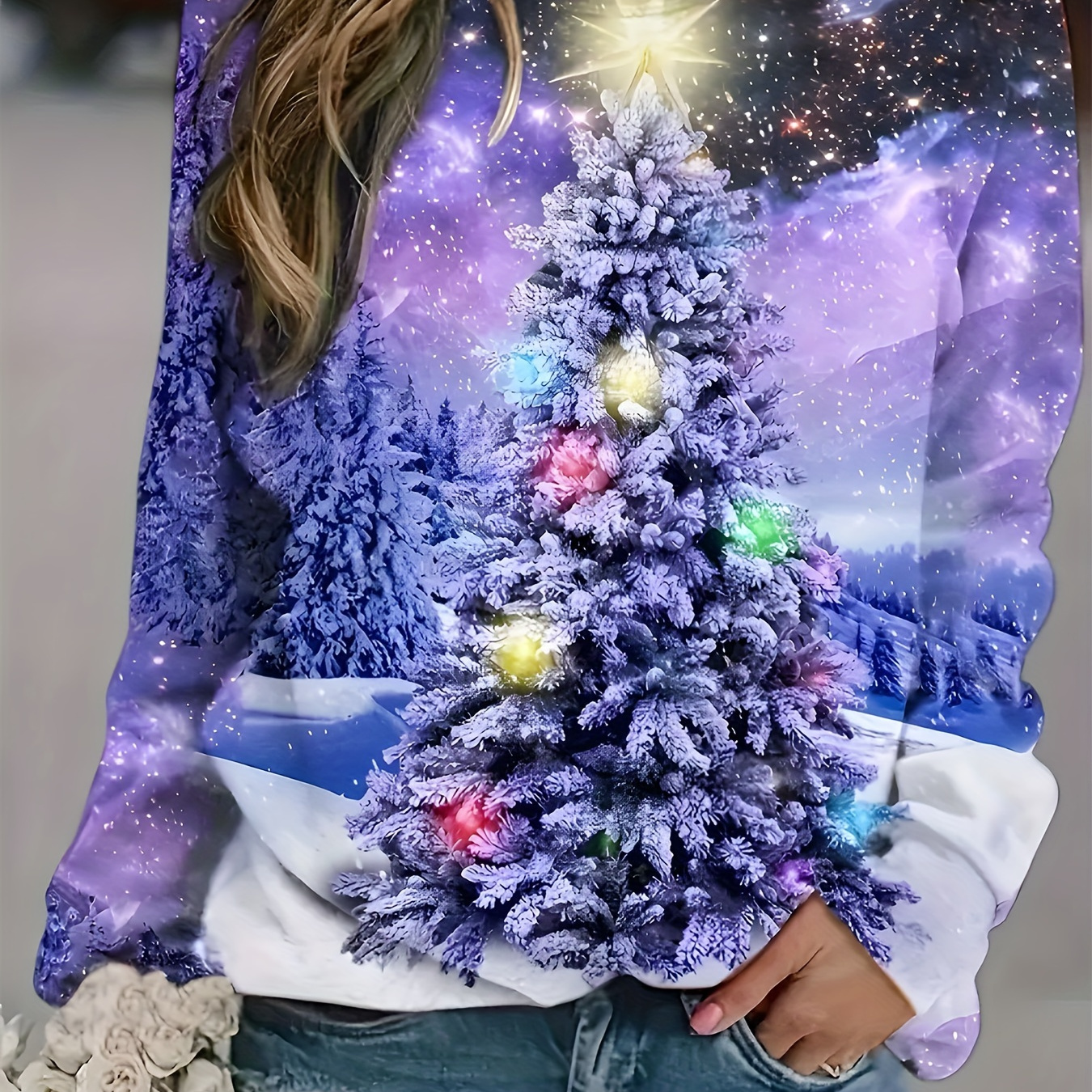 Plus Size Christmas Casual Sweatshirt, Women's Plus Tree Print Long Sleeve Round Neck Sweatshirt