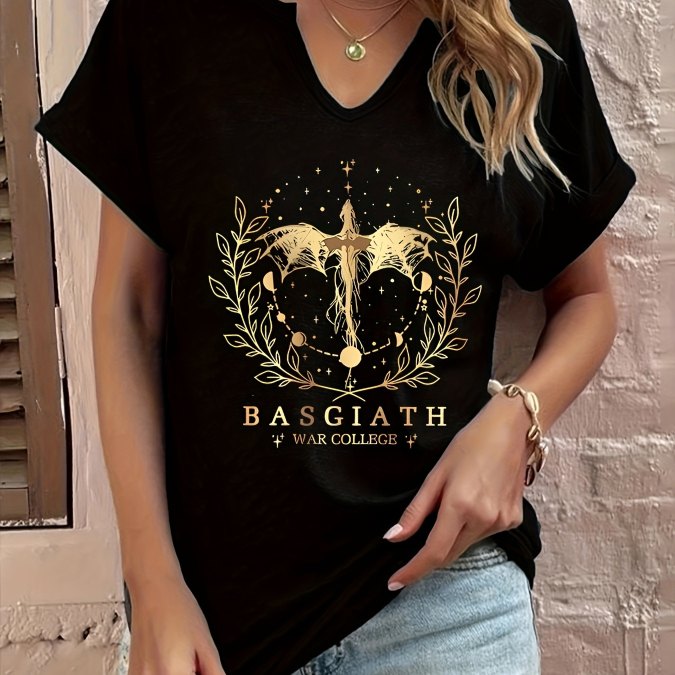 

BasGIATH T-Shirt Femme à Col V et Manches Courtes - Haut Décontracté Élégant d'Été avec Dragon & , Mélange de Polyester Noir, Manches Roulées, Lavable en Machine