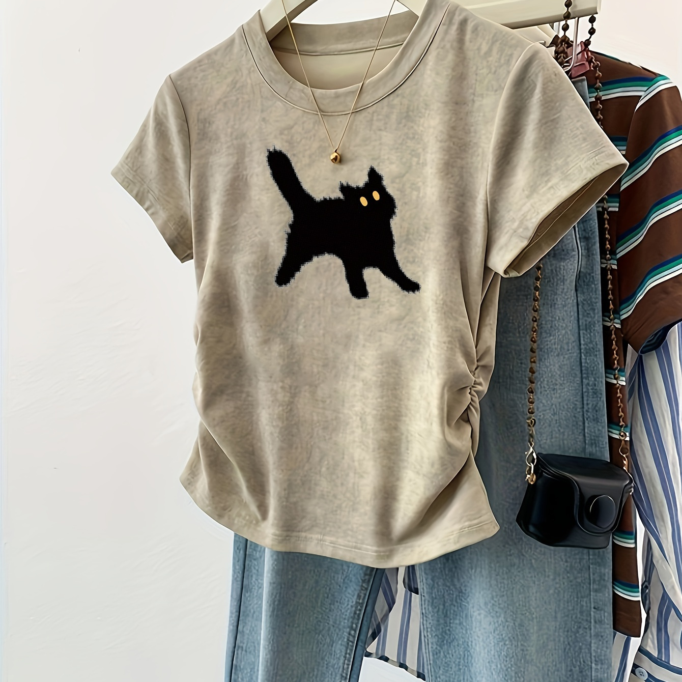 

Cat Print Ruched Crew Neck T-shirt, Short Sleeve Y2k Top For Summer & Spring, Women's Clothing