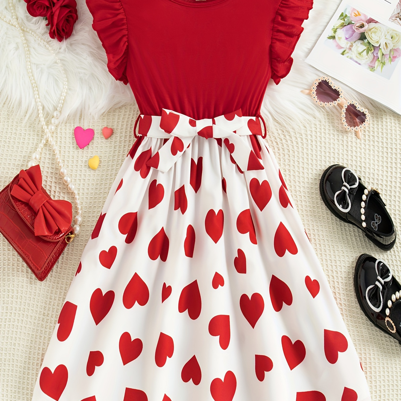 

Girls' Sleeveless Ruffle Shoulder Love Heart Print Dress With Belt, Casual Round Neck Summer Fashion For Youth, Ladylike Regular Fit - Red