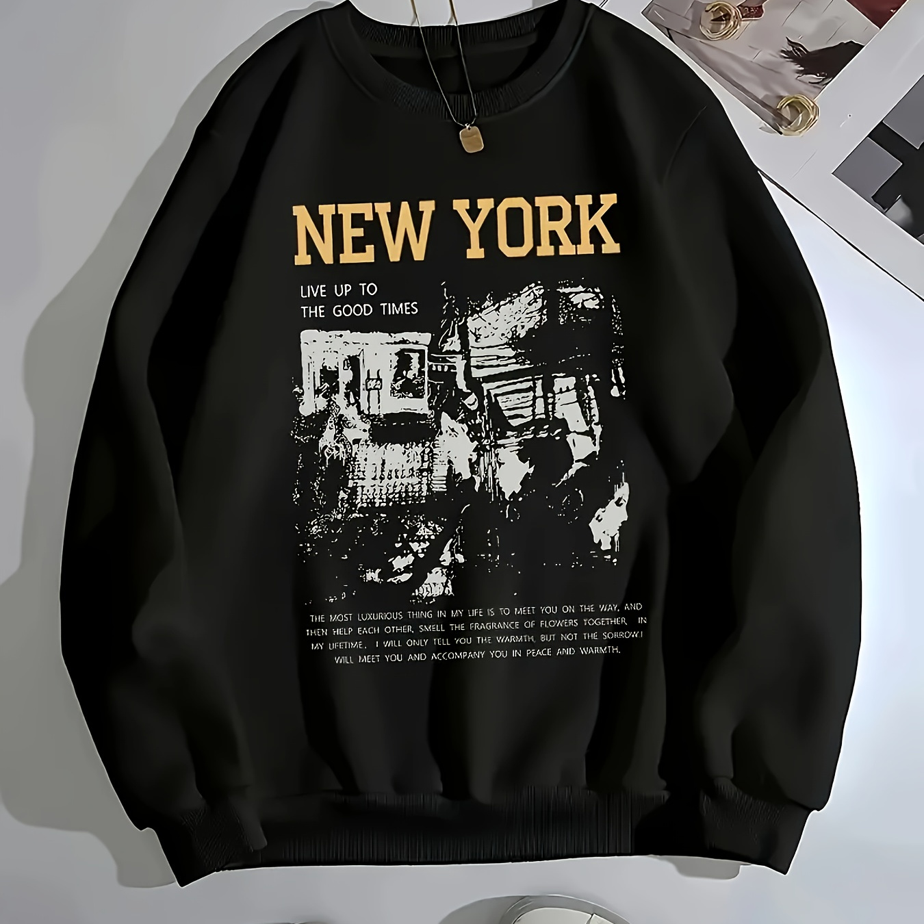 

New York Print Pullover Sweatshirt, Casual Long Sleeve Crew Neck Sweatshirt For Fall & Winter, Women's Clothing