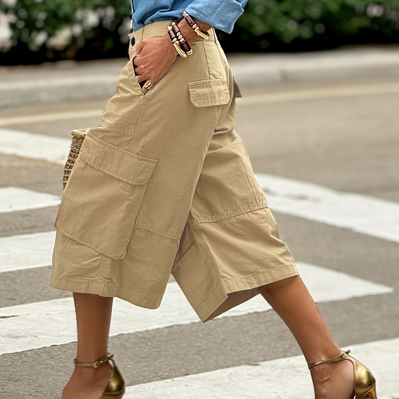 

Short cargo uni avec poches, short midi décontracté à jambes larges pour l'été et , vêtements pour femmes