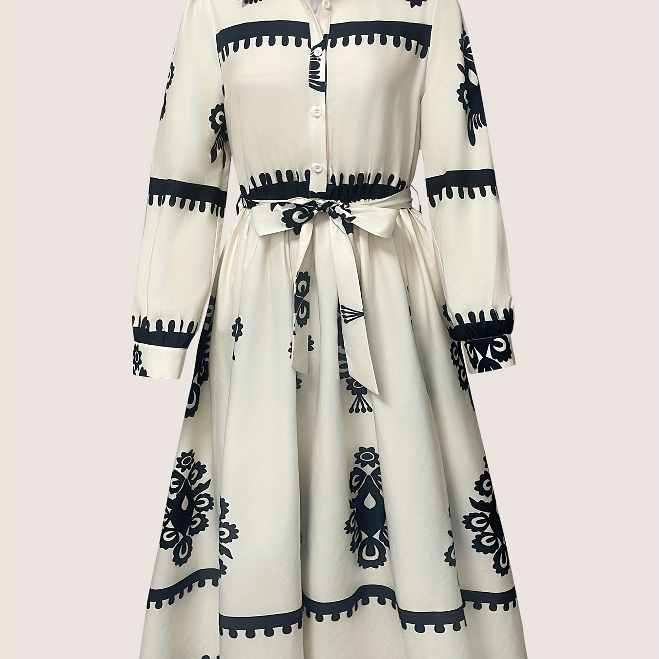 

Robe à imprimé floral avec ceinture à la taille, robe décontractée à manches longues et col pour et , vêtements pour femmes.