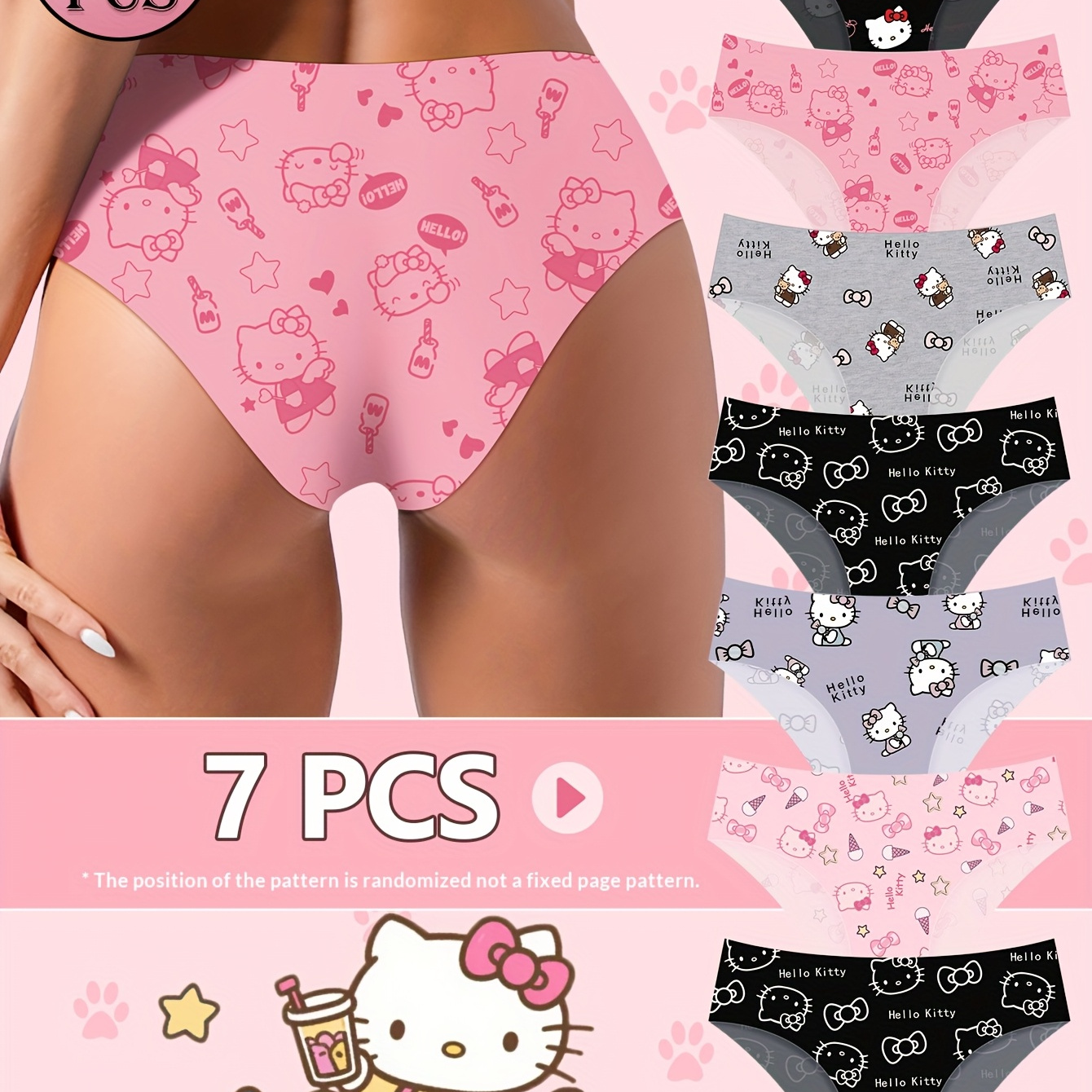 7pcs Sanrio Hello Kitty Low-Rise Seamless Triangular Panties - Breathable Ice Sliky Fiber Fabric, Stretch Material, Quick-Dry, Sexy Women's Underwear for Casual Wear, Yoga, and Beach Outfits