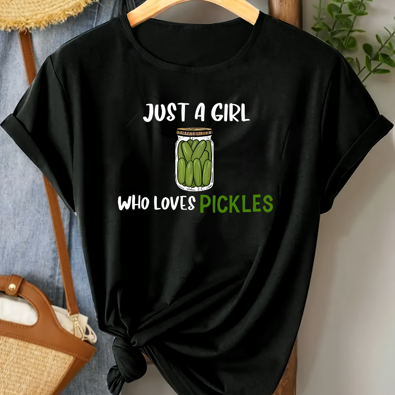 

Women's Cute Pickle Print T-shirt - Comfy Polyester & Spandex , Short Sleeve, Round Neck Activewear Top , Casual, Women's, T-shirt, Melon Bottle Print, Polyester, Comfortable