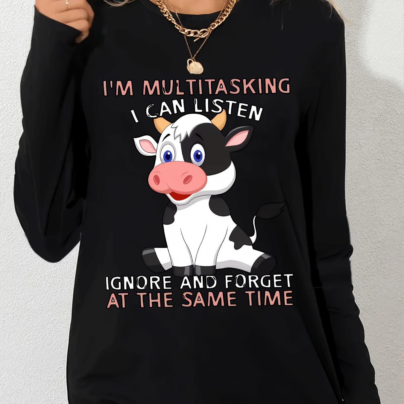 

Women's Cute Cow Print Long Sleeve T-shirt - Breathable & Comfortable Polyester , Machine Washable