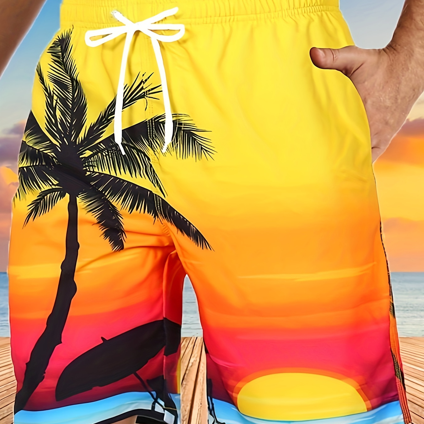 

Men's Fashionable Casual Sunset Print Beach Pants, Drawstring Beach Shorts For Summer Beach Resort, Hawaiian Shorts
