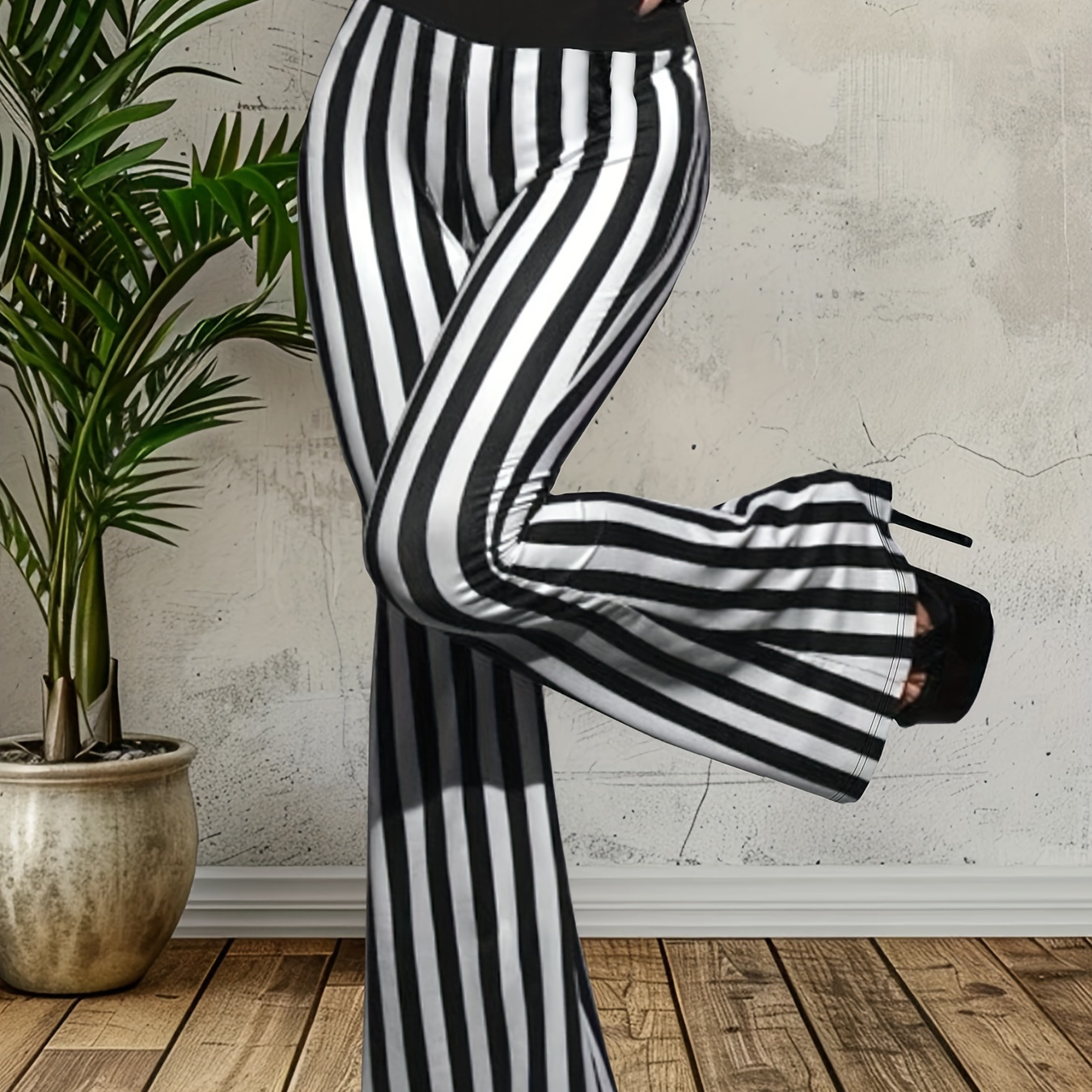 

Striped Print High Waist Pants, Elegant Color Block Flare Lag Pants For Spring & Summer, Women's Clothing