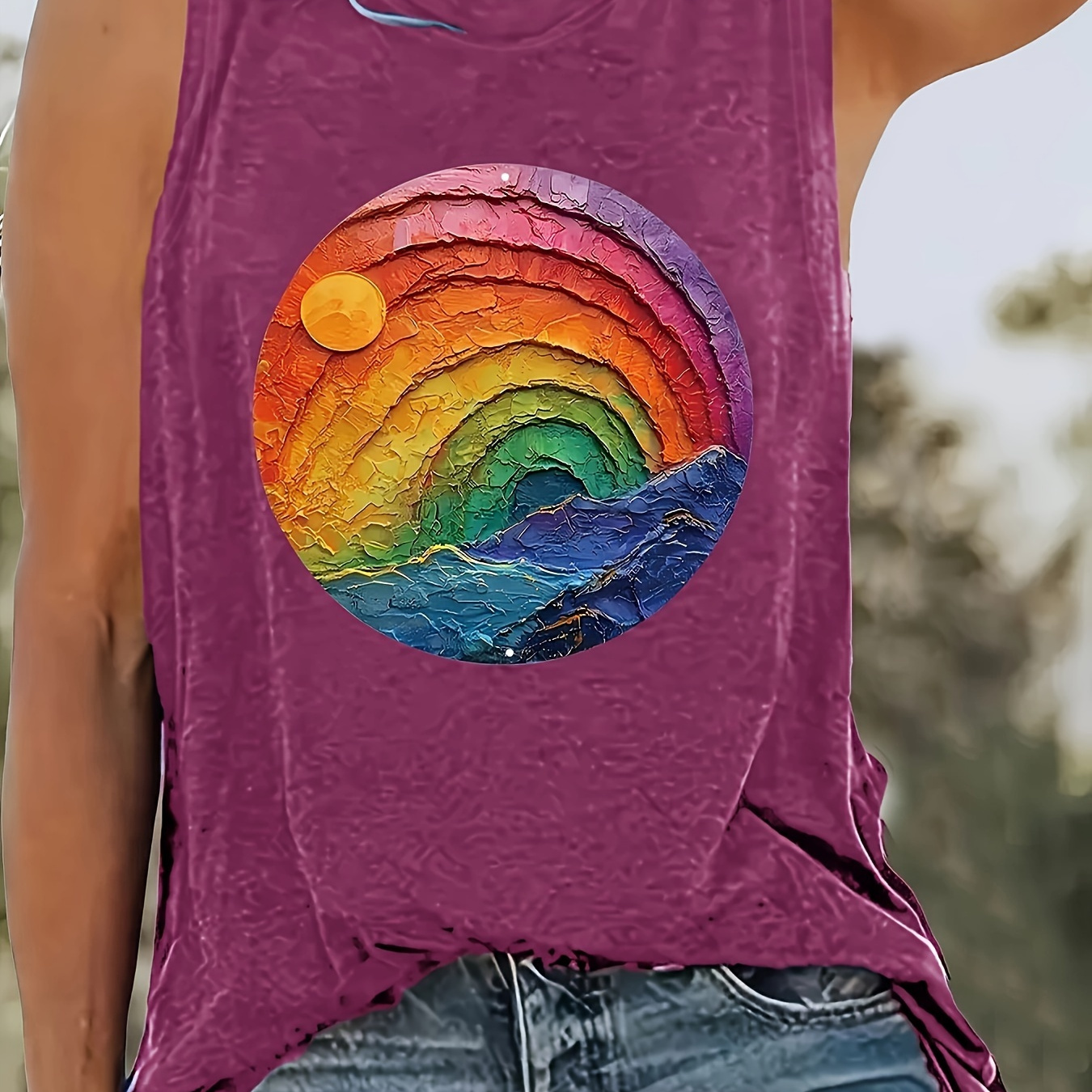 

Rainbow Print Crew Neck Tank Top, Sleeveless Casual Top For Summer & Spring, Women's Clothing