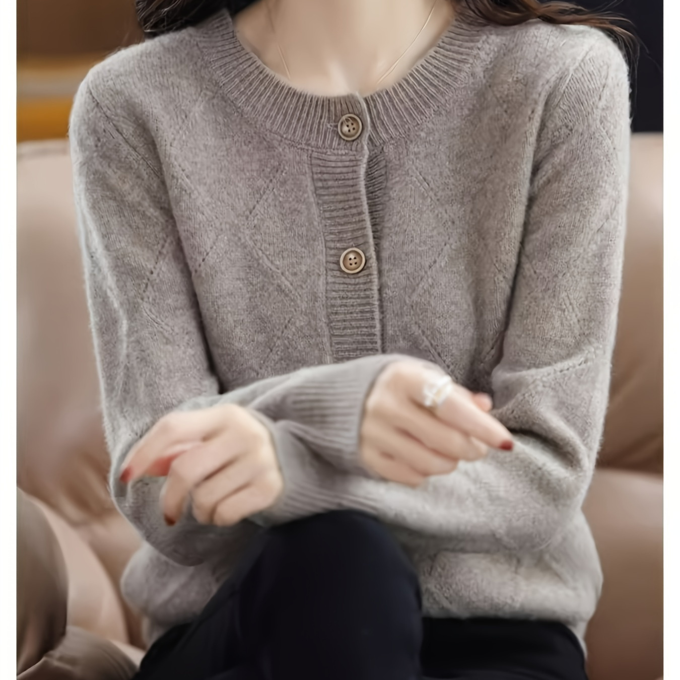 

Casual Acrylic Cashmere Cardigan For Women - Long Sleeve Crew Neck Knitted Sweater With Buttons, Solid Color, Spring And Fall