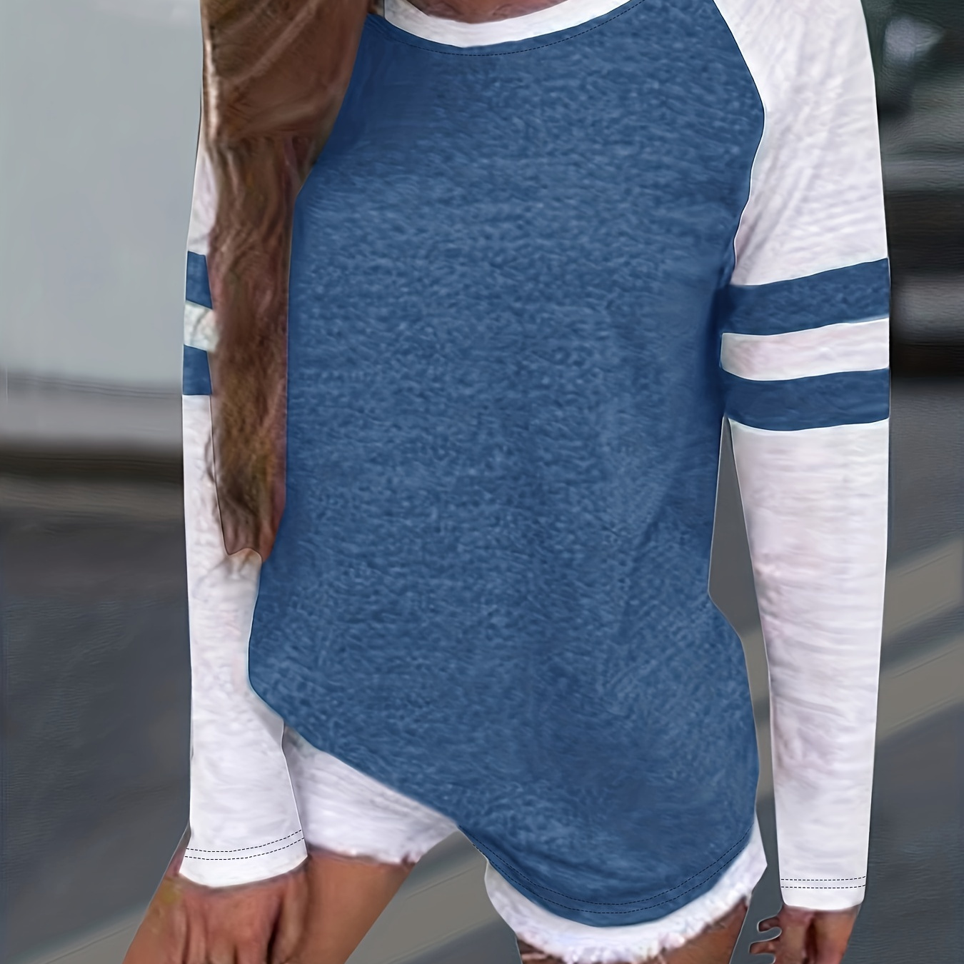 

Stripe Print Colorblock Crew Neck T-shirt, Casual Long Sleeve Top For Spring & Fall, Women's Clothing