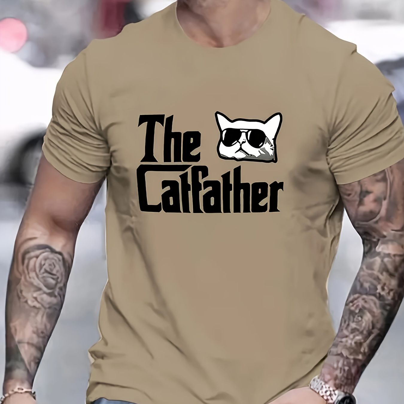 

Cat Dad Graphic Tee For Men - Casual Summer T-shirt With Stretch, Breathable Polyester Fabric, Cat Tshirt