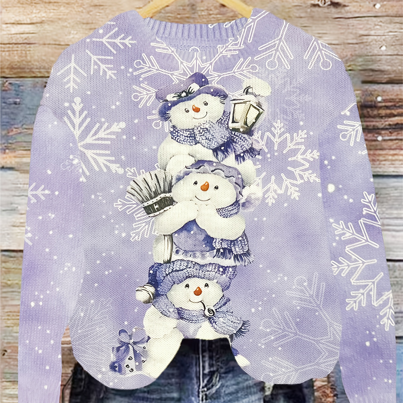 

Snowman Pattern Knitted Top, Casual Crew Neck Long Sleeve Top For Fall & Winter, Women's Clothing