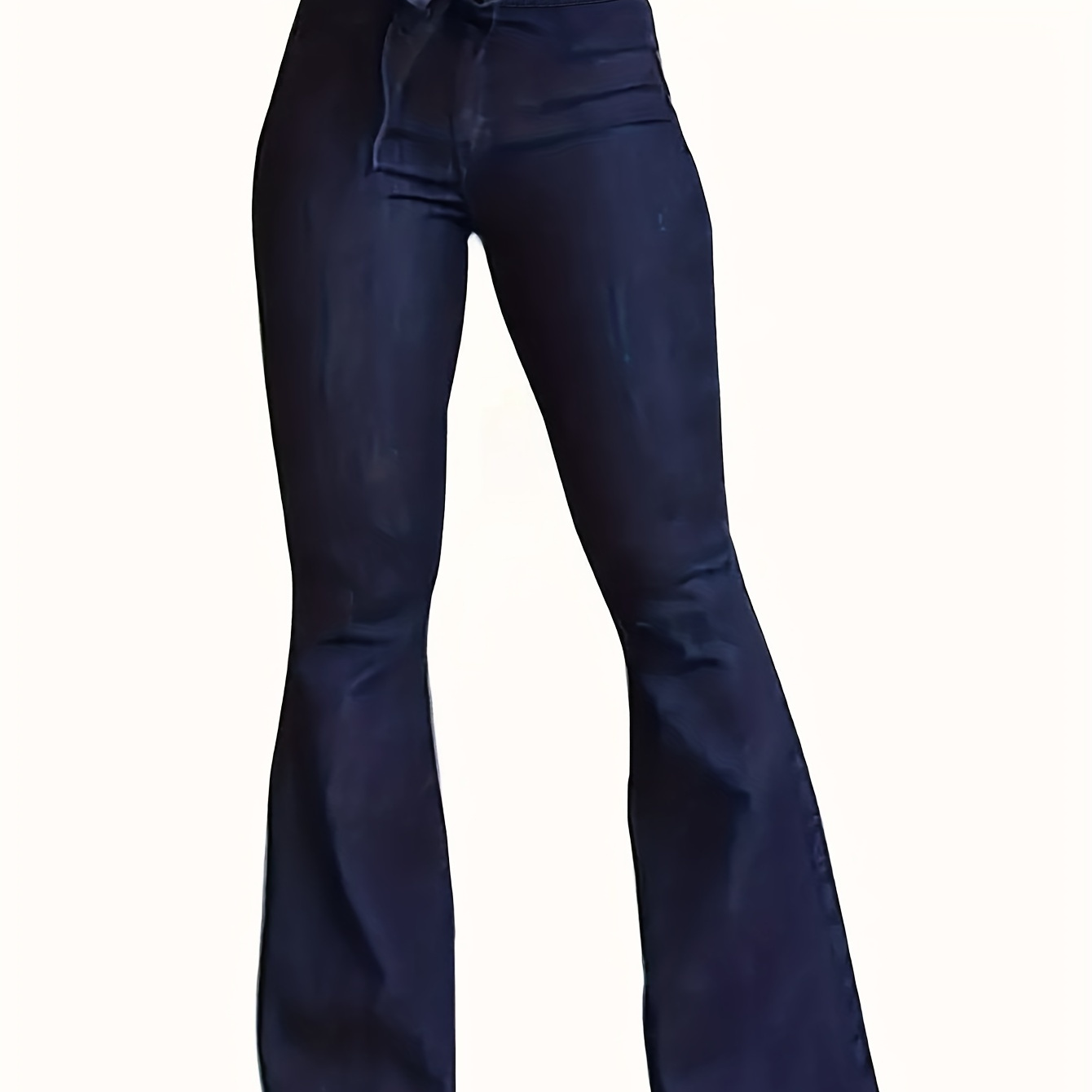 

Tie Belt High Rise Plain Dark Washed Blue Flare Leg Chic Denim Pants, Women's Denim Jeans & Clothing