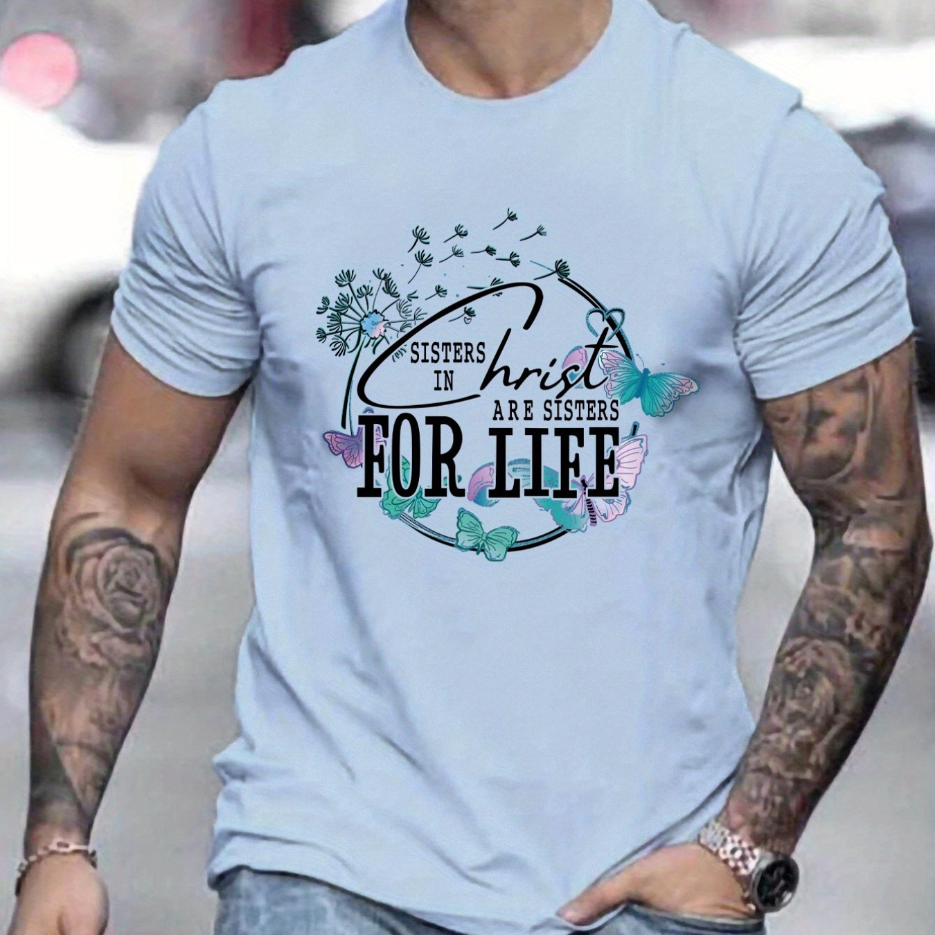 

'christ Sisters In Are Sisters For Life' Round Neck Graphic T-shirts, Causal Tees, Short Sleeves Comfortable Tops, Men's Summer Clothing