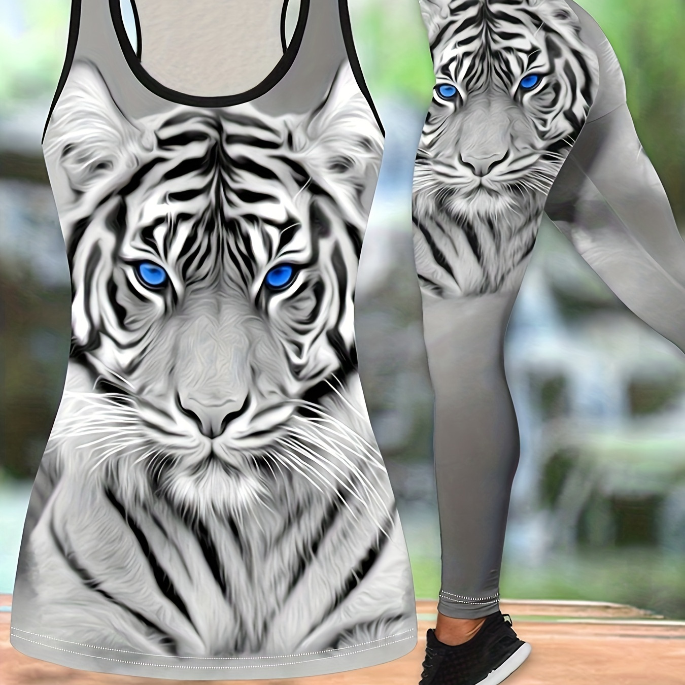 White Tiger Mom And Son 3D Printed Hollow Tank Top & Leggings Set