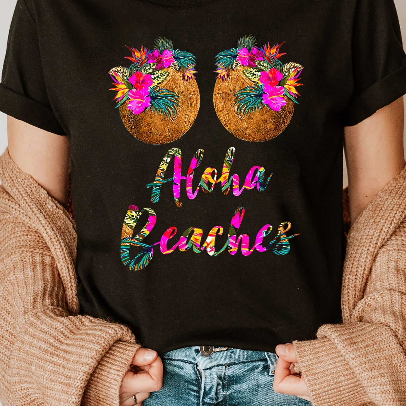 

Aloha Beaches Print Crew Neck T-shirt, Short Sleeve Casual Top For Summer & Spring, Women's Clothing