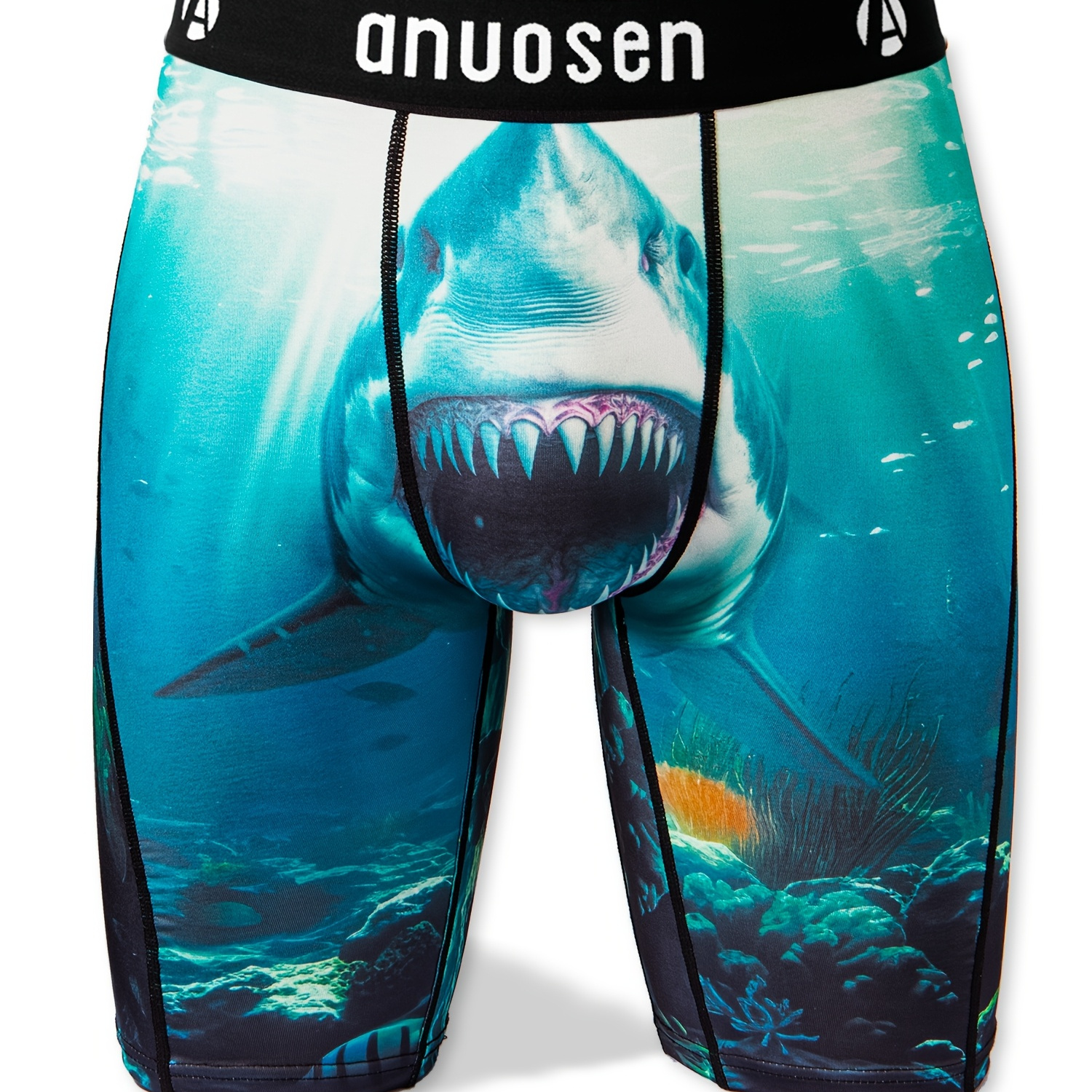 

Men's Plus Size Shark Print Long Boxer Briefs - Moisture-wicking, Breathable & Stretchy Athletic Underwear With Anti-chafing Leg Design, Plus Size