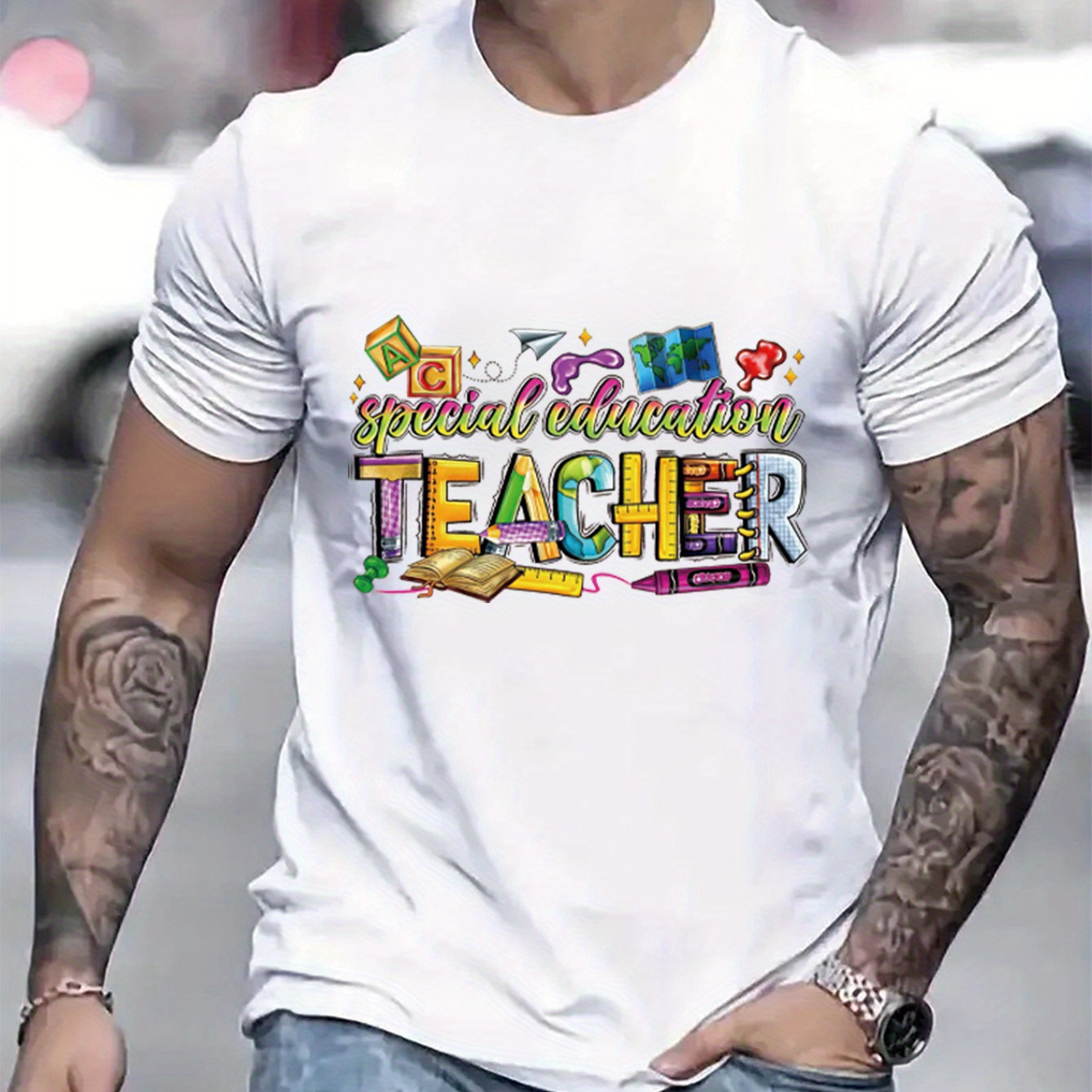 

Teacher Art Font Style Print Men's Crew Neck Short Sleeve T-shirt, Casual Comfy Fit Top For Summer