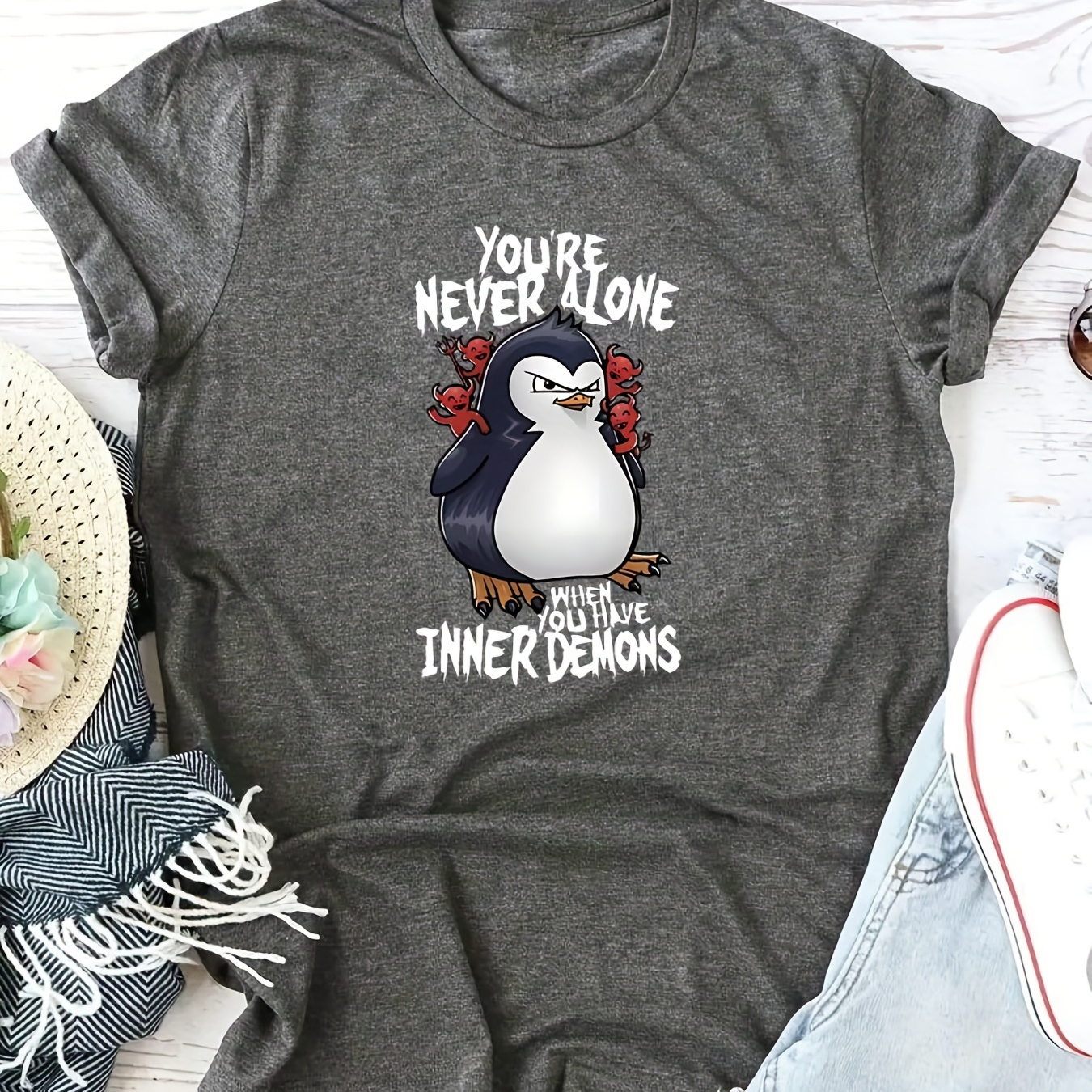 

Plus Size Casual T-shirt, Women's Plus Cute Penguin & Slogan Print Short Sleeve Round Neck Slight Stretch T-shirt