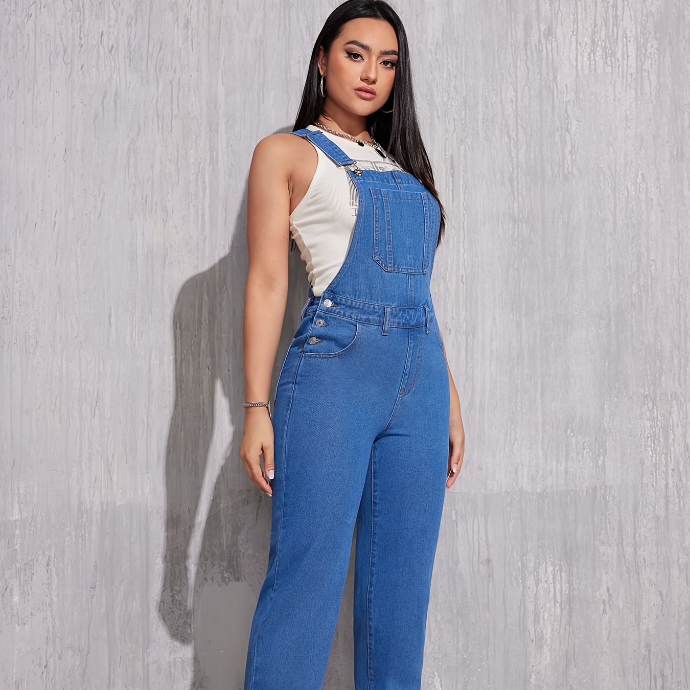 

Classic Plain Washed Blue Denim Overalls, Adjustable Strap Casual Patch Pocket Straight Leg Denim Jumpsuit, Women's Denim Jeans & Clothing