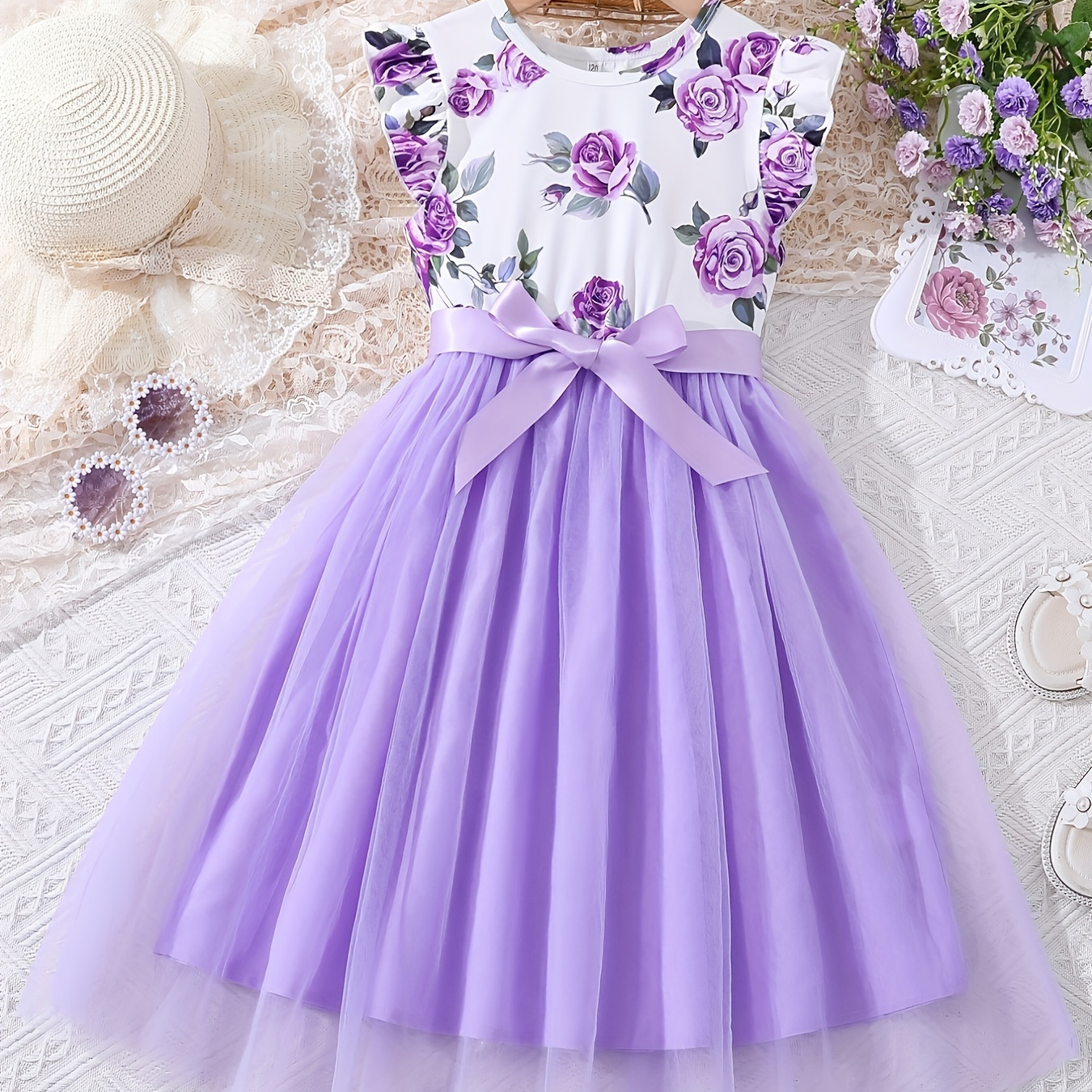 

Girls Casual Dress Floral Tulle Stitching Princess Dress For Party Beach Vacation Kids Summer Clothes